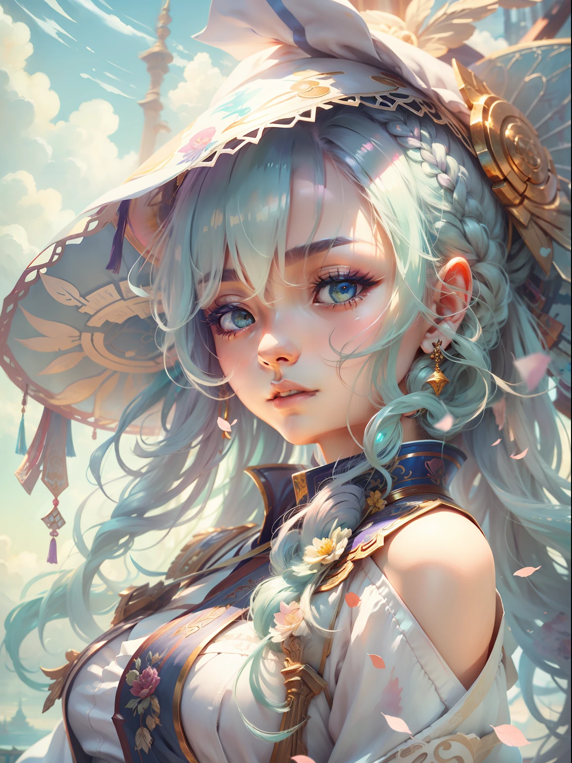 Best image quality、Unique painting style、超詳細、Beautiful CG unity 8k wallpaper、Beautiful and delicate、flowy、A high resolution、Dynamic Angle、Dynamic pose、1个Giant Breast Girl、eBlue eyes、[Colorful hair+silber hair:1.3+redheadwear:1.2+Purple hair big breasts+Yellow-haired:1.3+Green hair:1.3]、White martial arts costume、Neck strap、Beautiful face、drippy、​​clouds、eventide、Great view、the watercolor style