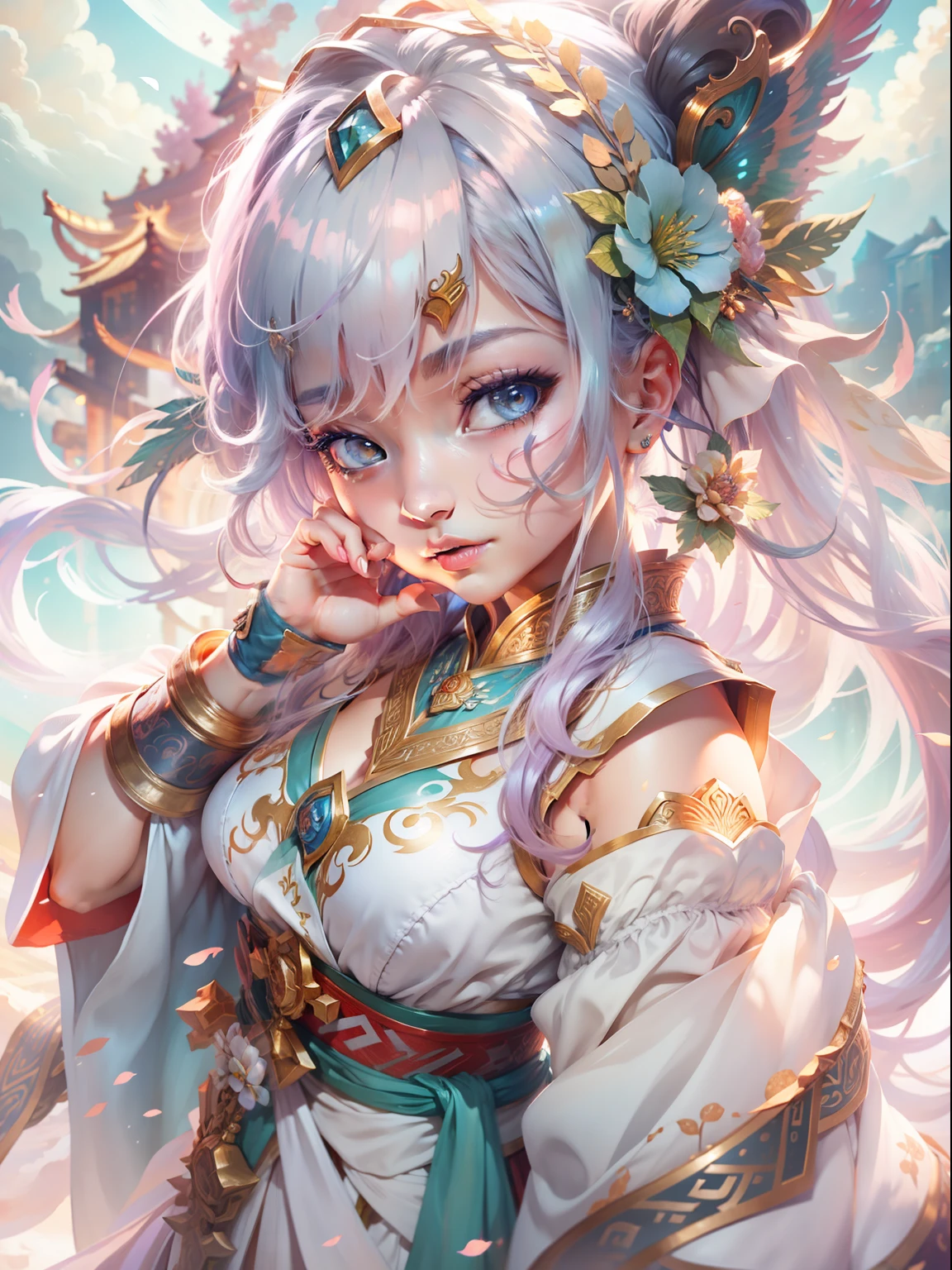 Best image quality、Unique painting style、超詳細、Beautiful CG unity 8k wallpaper、Beautiful and delicate、flowy、A high resolution、Dynamic Angle、Dynamic pose、1个Giant Breast Girl、eBlue eyes、[Colorful hair+silber hair:1.3+redheadwear:1.2+Purple hair big breasts+Yellow-haired:1.3+Green hair:1.3]、White martial arts costume、Neck strap、Beautiful face、drippy、​​clouds、eventide、Great view、the watercolor style
