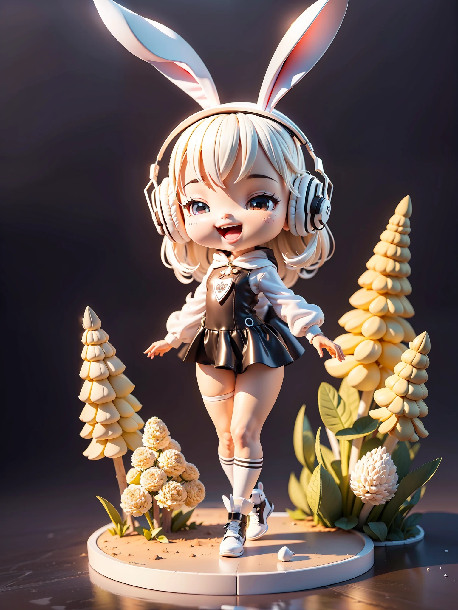 (Masterpiece), (Excellent), (Ultra Detailed), (Full Body: 1.2), (Solitary), White Theme, Bunny Magician, Cute, Open Mouth, Smile, Headphones, Popmart Blind Box, Clay Texture, Stepping on Earth, Black and White Background, Natural Light, Best Quality, Ultra Detail, 3D Art, C4D, OC Renderer, 3D Rendering, 8K