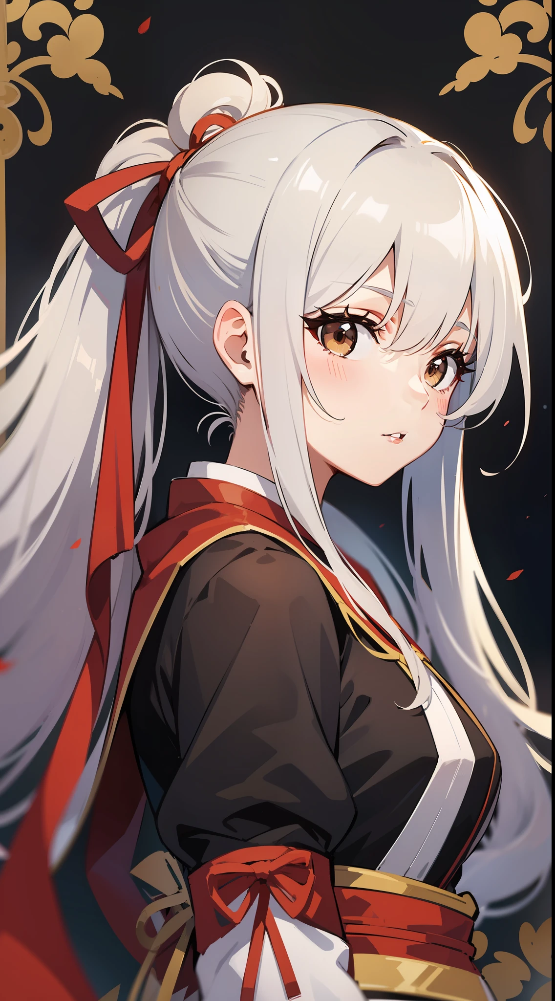 A Styokaya Girl, Long white hair, high ponytail, Brown eyes, Hanfu, a sword, Masterpiece, hiquality