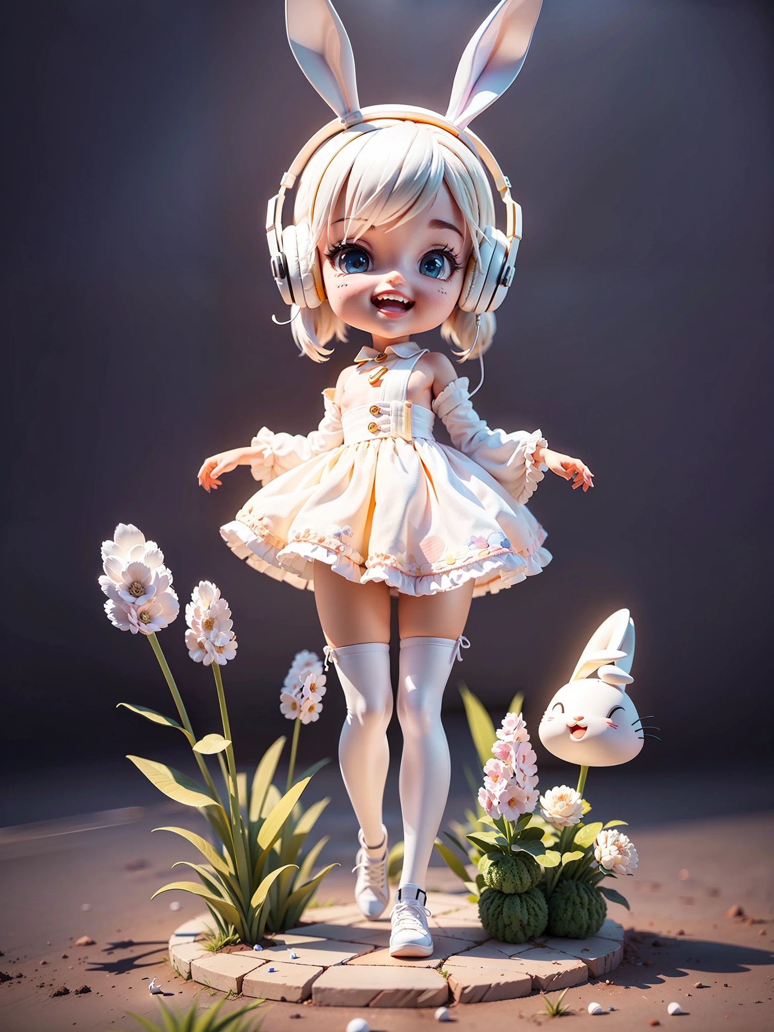 (Masterpiece), (Excellent), (Ultra Detailed), (Full Body: 1.2), (Solitary), White Theme, Bunny Magician, Cute, Open Mouth, Smile, Headphones, Popmart Blind Box, Clay Texture, Stepping on Earth, Black and White Background, Natural Light, Best Quality, Ultra Detail, 3D Art, C4D, OC Renderer, 3D Rendering, 8K