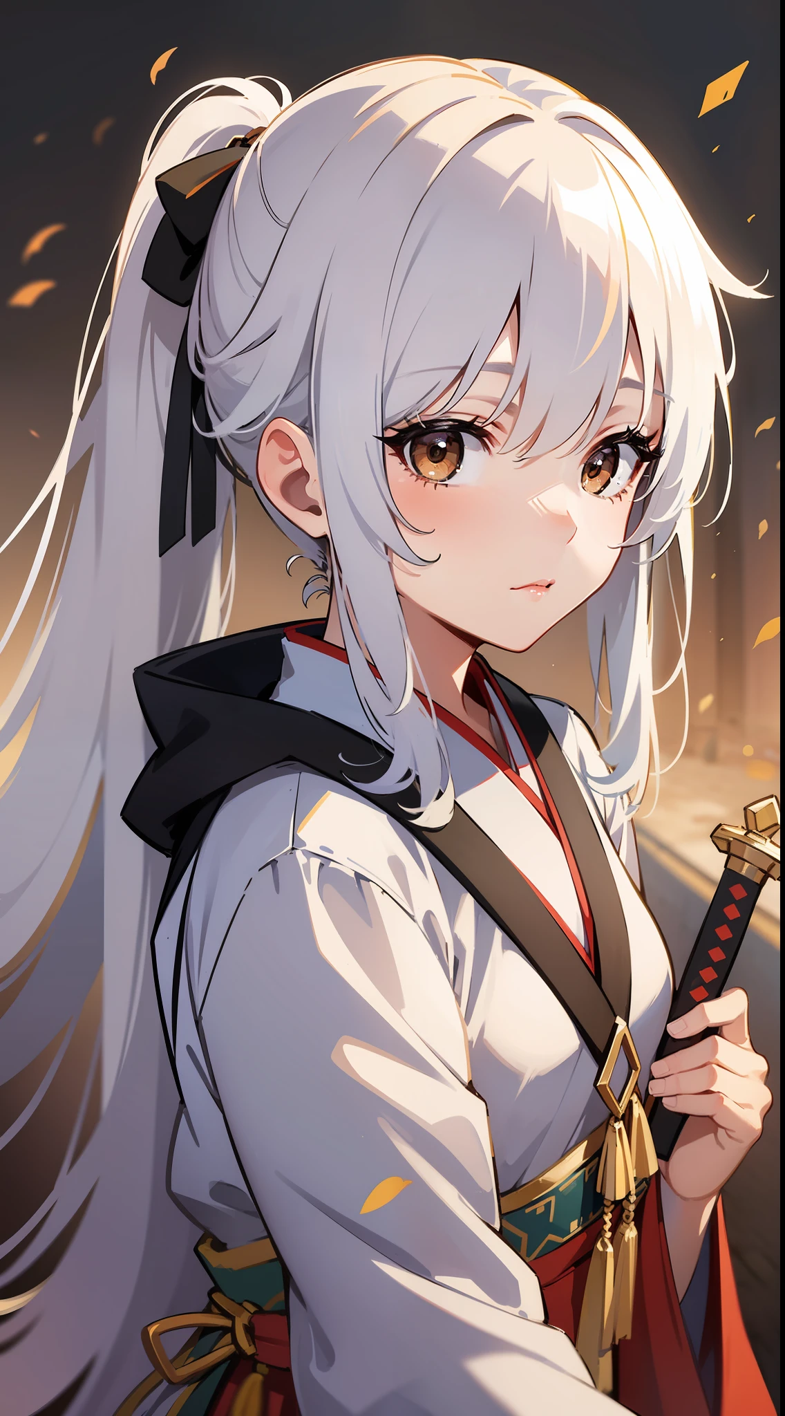 A Styokaya Girl, Long white hair, high ponytail, Brown eyes, Hanfu, a sword, Masterpiece, hiquality