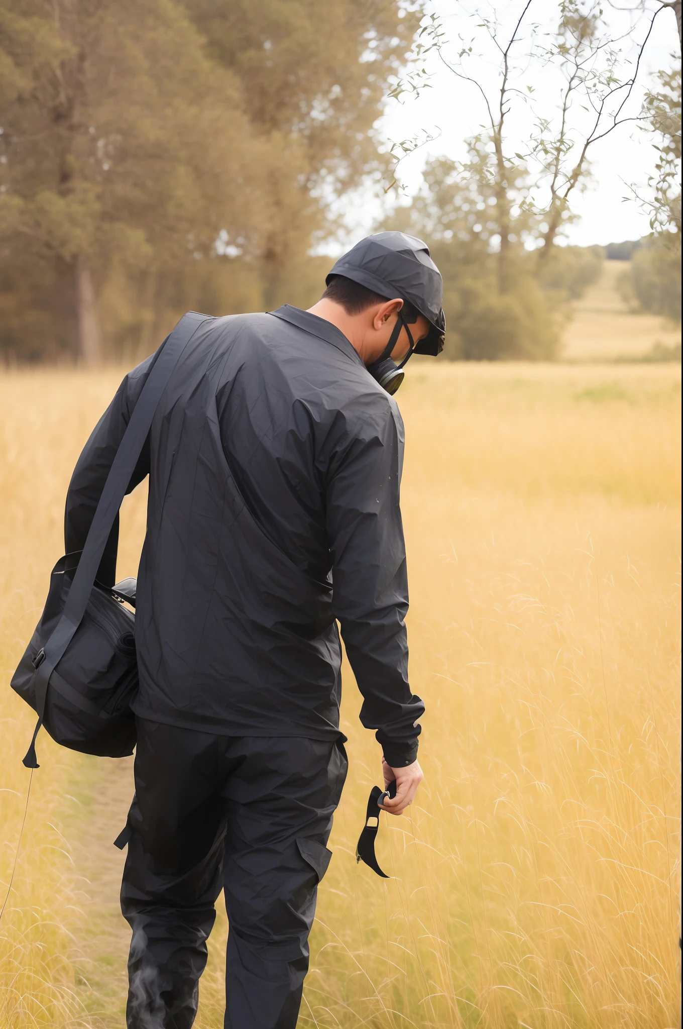 there is a man standing in a field with a camera, covered with tar. dslr, walking away from the camera, walking away from camera, in a field, carrying survival gear, standing in a grassy field, amidst nature, cinematic outfit photo, cinematic shoot, standing in grassy field, carrying a saddle bag, cinematic look, smoking a cigarette in the field