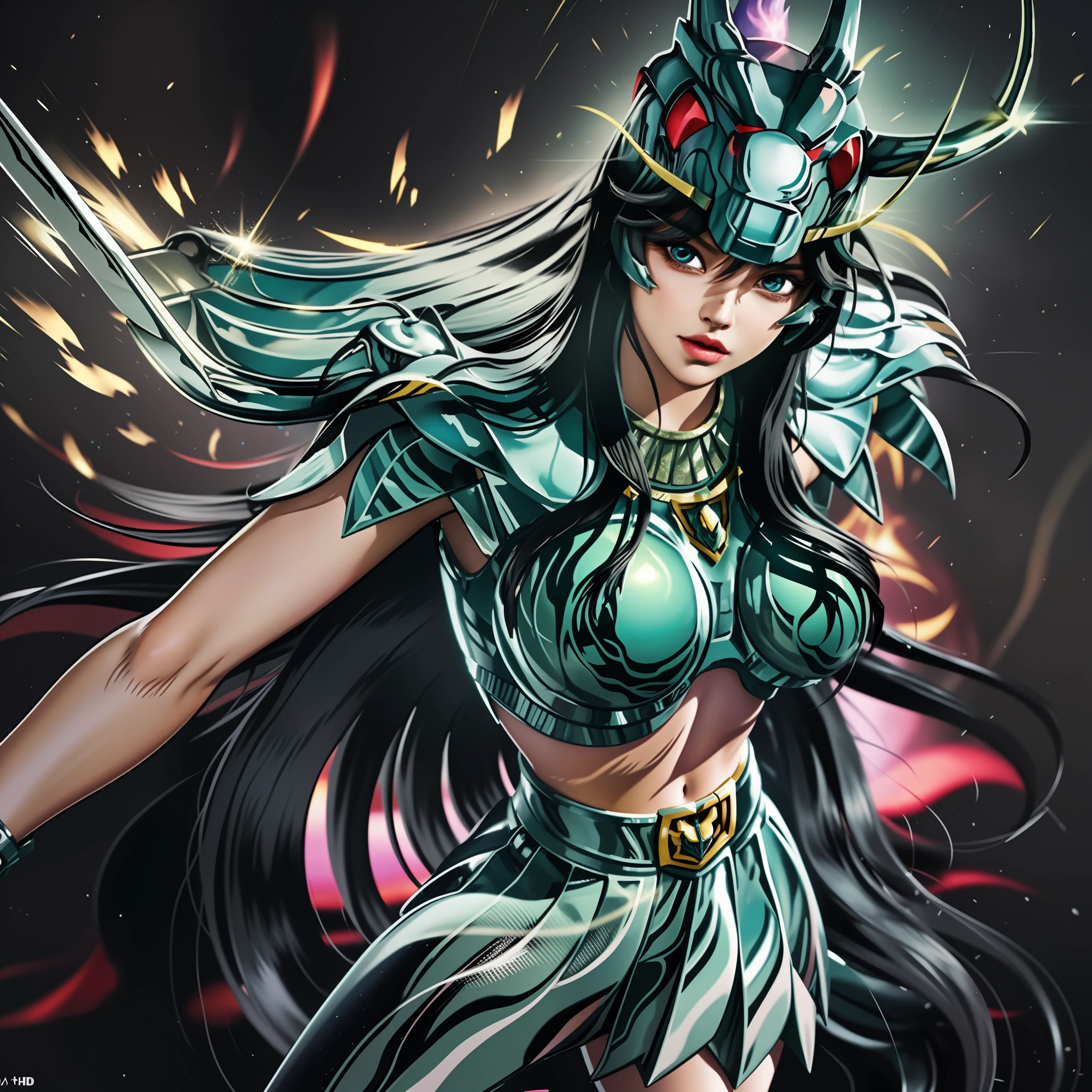 a cartoon image of a woman in a black outfit holding a sword, saint seiya, knights of zodiac girl, mystical anubis valkyrie, unreal engine render saint seiya, yugioh art style, portrait knights of zodiac girl, mystical atlantean valkyrie, dragon shiryu, big boobs, gigantic boobs, busty, cleavage, show cleavage, Realism, Hyperrealism, UHD, masterpiece, ccurate, anatomically correct, super detail, high details, high quality, best quality, 8k, 16k