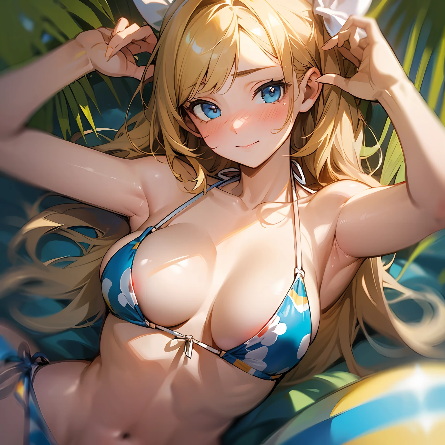 (masterpiece)、(top-quality)、(super extremely tiny bikini:1.5)、(blushed face:1.3)、(spilling boobs:1.2)、under boob、 side boob、 Almost naked、 a beauty girl、 Embarrassed look、 smile、 very cute、 Clear eyes、 Shining eyes、 big boobs、 Tummy is visible、 cleavage of the breast、 lower abdomen、 The skin、 ultra-definition、 Golden hair
