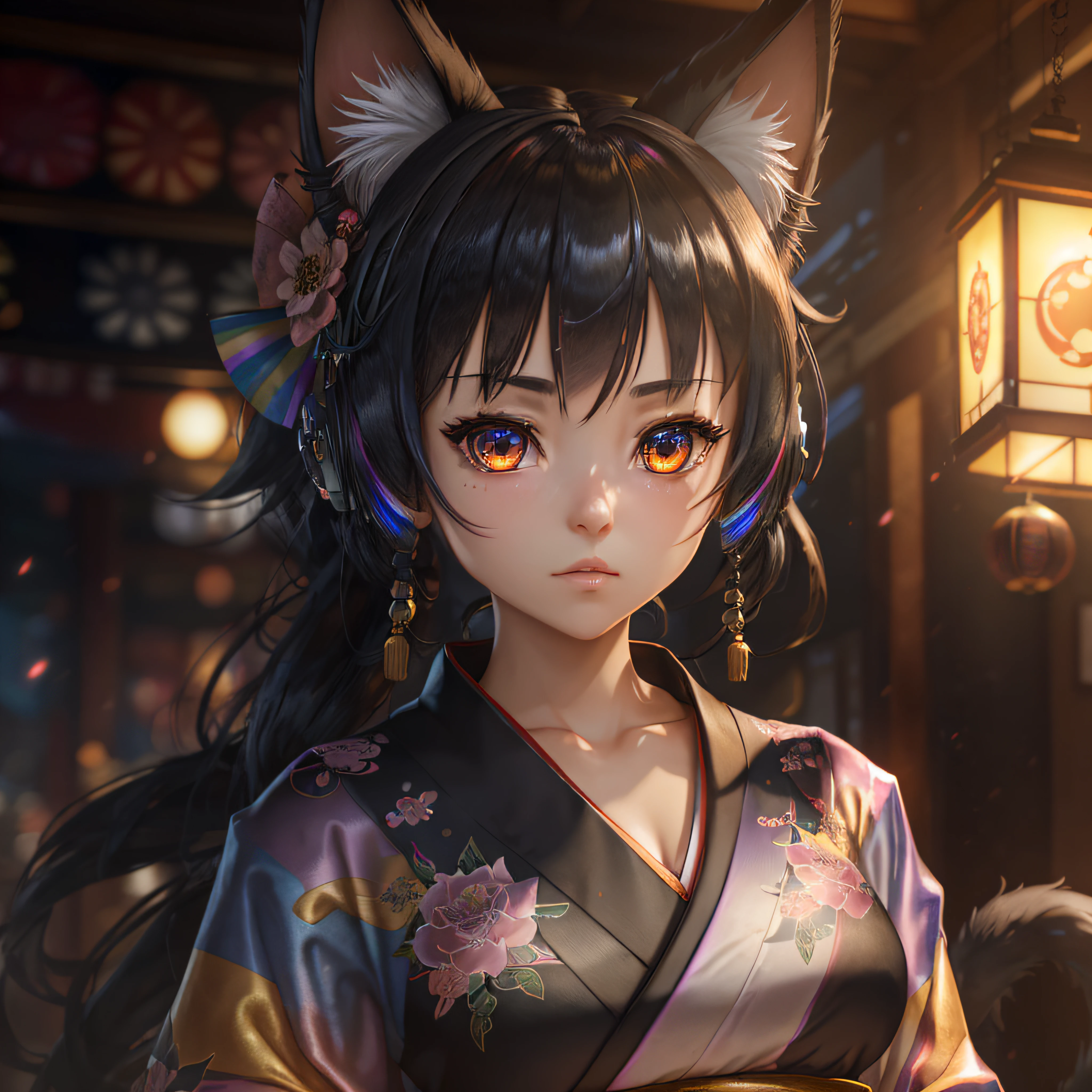 3DCG, Unreal Engine, half body shot, mini character, high detail, framed in, super detailed painting, anime style, rainbow and black, cat ear robot wearing kimono, kimono, cat ears, big crystal lame eyes, attractive body, realistic fur, high detail, rainbow gradient background, --auto