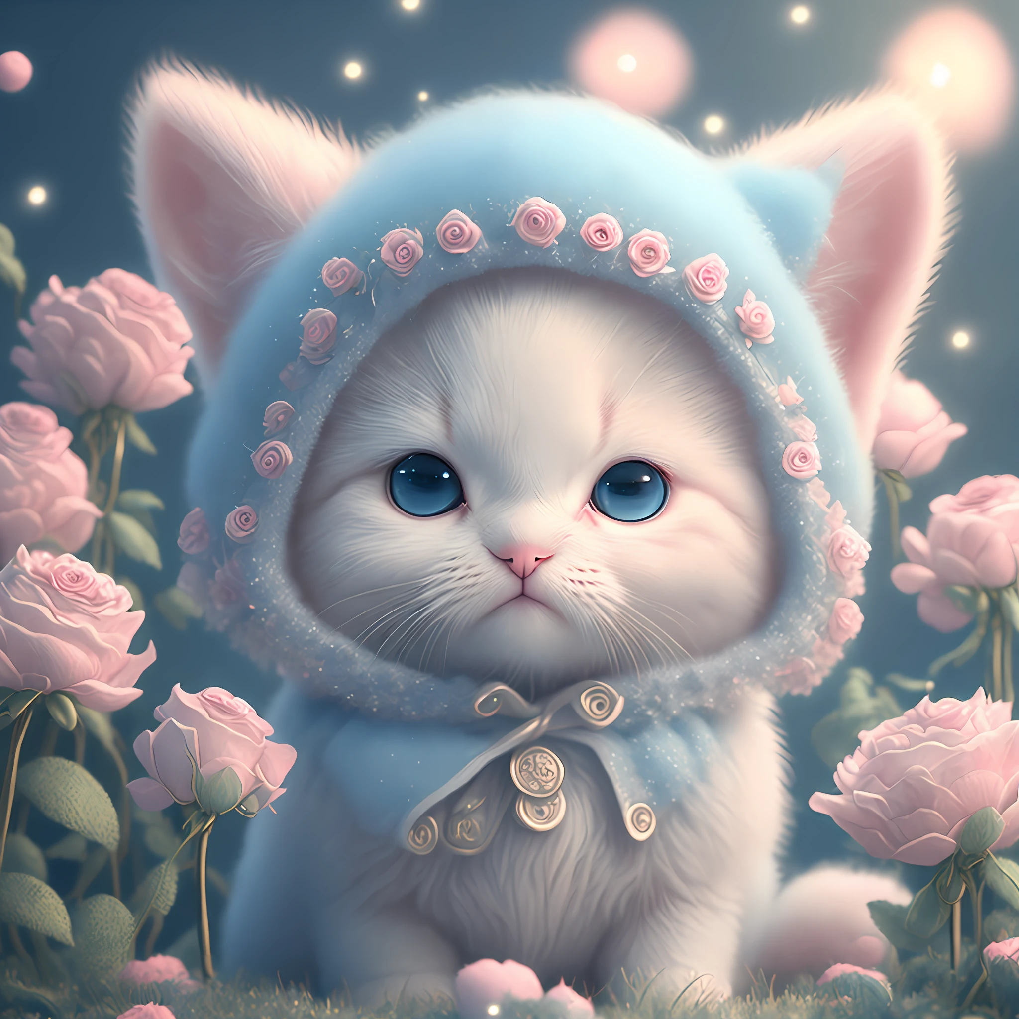 In this ultra-detailed CG art, cute kittens surrounded by ethereal roses, laughter, best quality, high resolution, intricate details, fantasy, cute animals, left, funny, left!! Mouth!!! Laugh!!! --auto