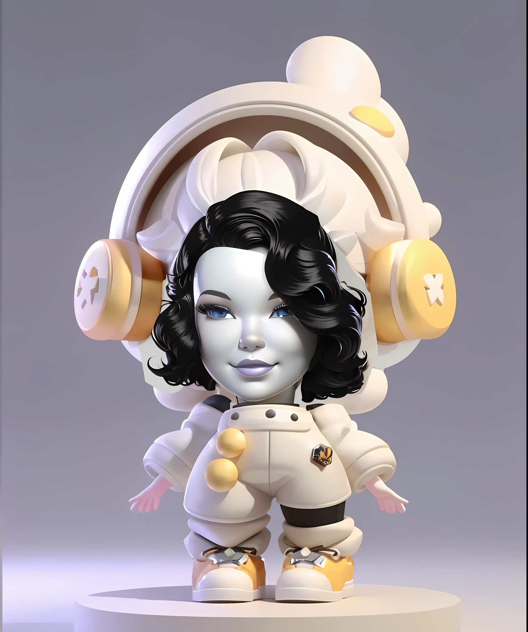 Close-up of a doll wearing a helmet on a pedestal, dreamworks animated bjork, the mekanik doll, 3 D character art, 3d character, 3 d character, 3 d render stylized, 3 d character render, cute 3 d render, cosmic bjork, Beeple and Jeremiah Ketner, Guviz-style artwork