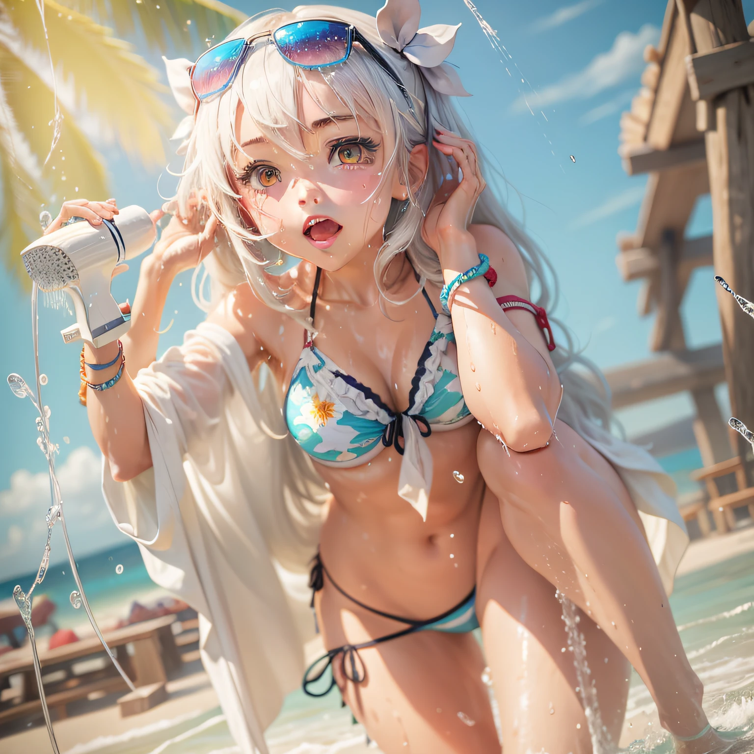 An anime girl in a bikini getting wet in the beach shower, Super fofo, Hiper detalhado, super quente, palete de cores quentes.