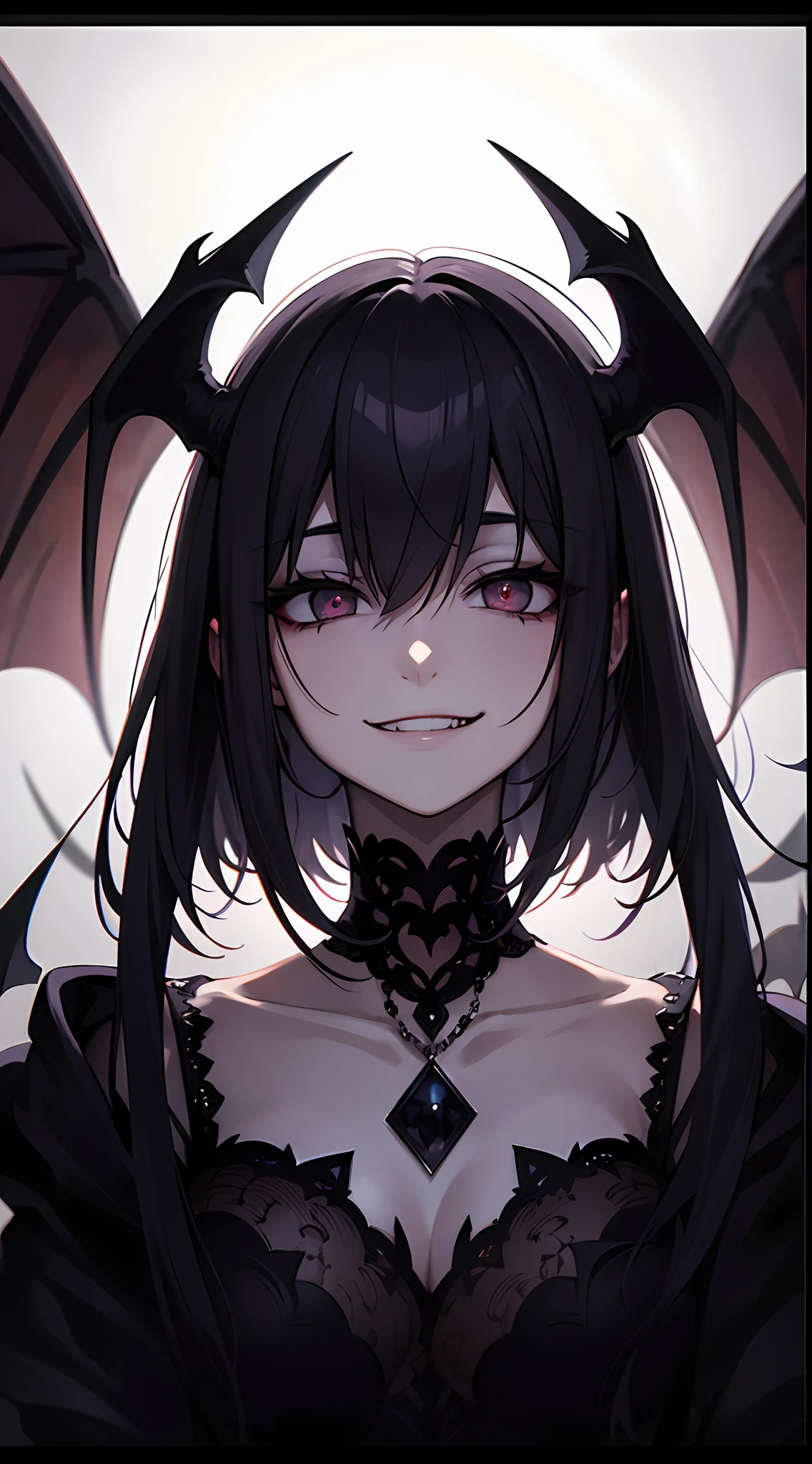tmasterpiece,Evil smiling vampire portrait,Evil countenance,Three eyes,eye closeds,Black and white bat wings,A frame eroded by darkness and light