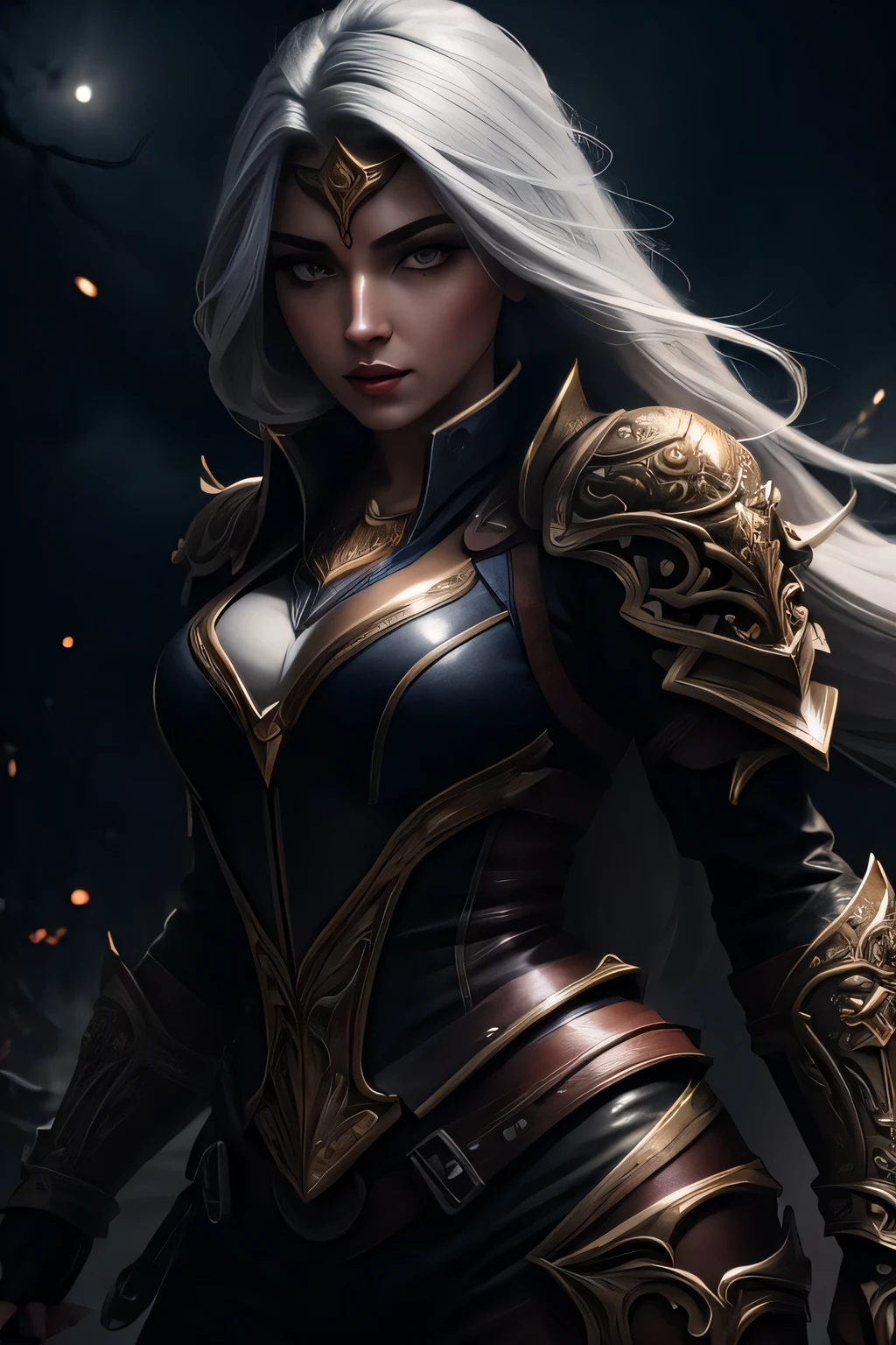 ((masterpiece, ultra detailed)), concept art, illustration, digital art, 1girl, solo, mature woman, Highnoon_Ashe, yellow_eyes, white hair, long hair, armor, ((stunningly beautiful)), medium breasts, beautiful eyes, beautiful body, dynamic pose, battle-stance ready, stylish pose, dark theme, backlight, cinematic lighting, soft lighting, natural lighting, dramatic lighting, dark lighting, (ornate), intricate, highly detailed, hyper realistic, trending on artstation, award winning, fascinating, elegant, RAW photo, absurdres, highres, 4k, studio quality, octane render, 8k uhd, close-up