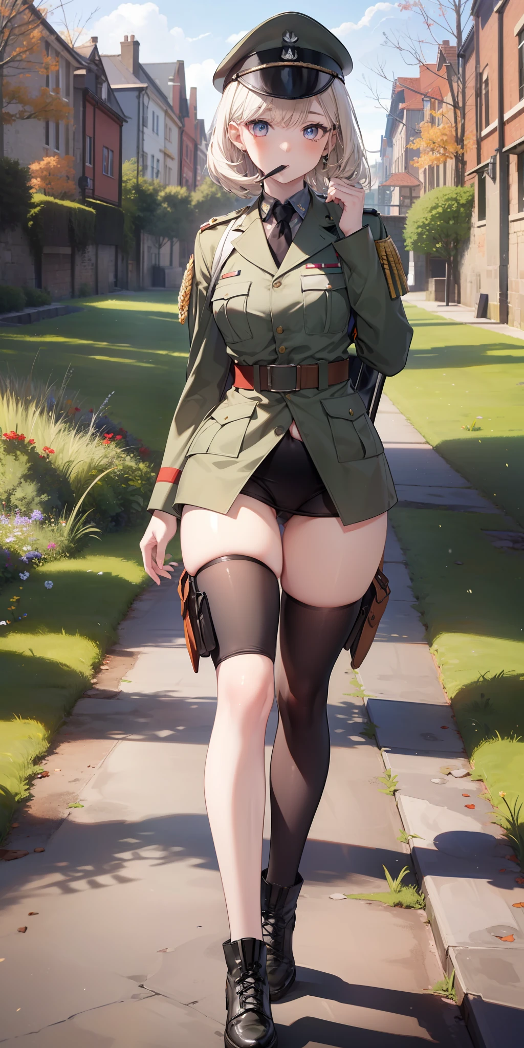 ((Masterpiece)), ((Best Quality)), ((HD 4K)), ((Best Anatomy)), 1 girl, pale skin, eyes, ear, nose, mouth, neck strap, shoulders, ((full military uniform)), ((WWII)), arms, belly, legs, thighs, background scenery