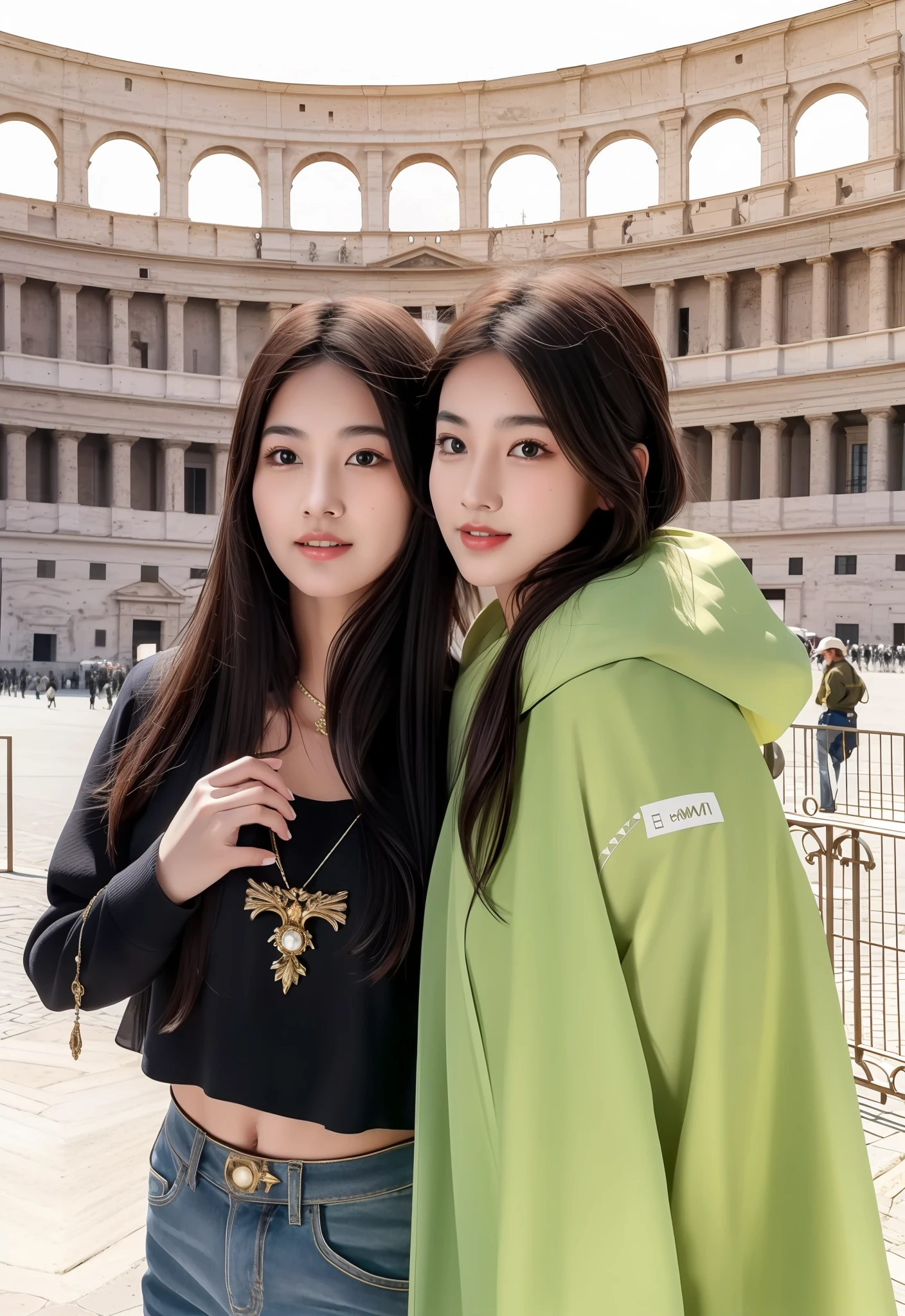 masterpiece, 4K, best quality, FELute, necklace, purple dress, (on the St. Peter's Square of Vatican,crowd,navel),bracers, cowboy shot, looking at viewer, smirk, hand up