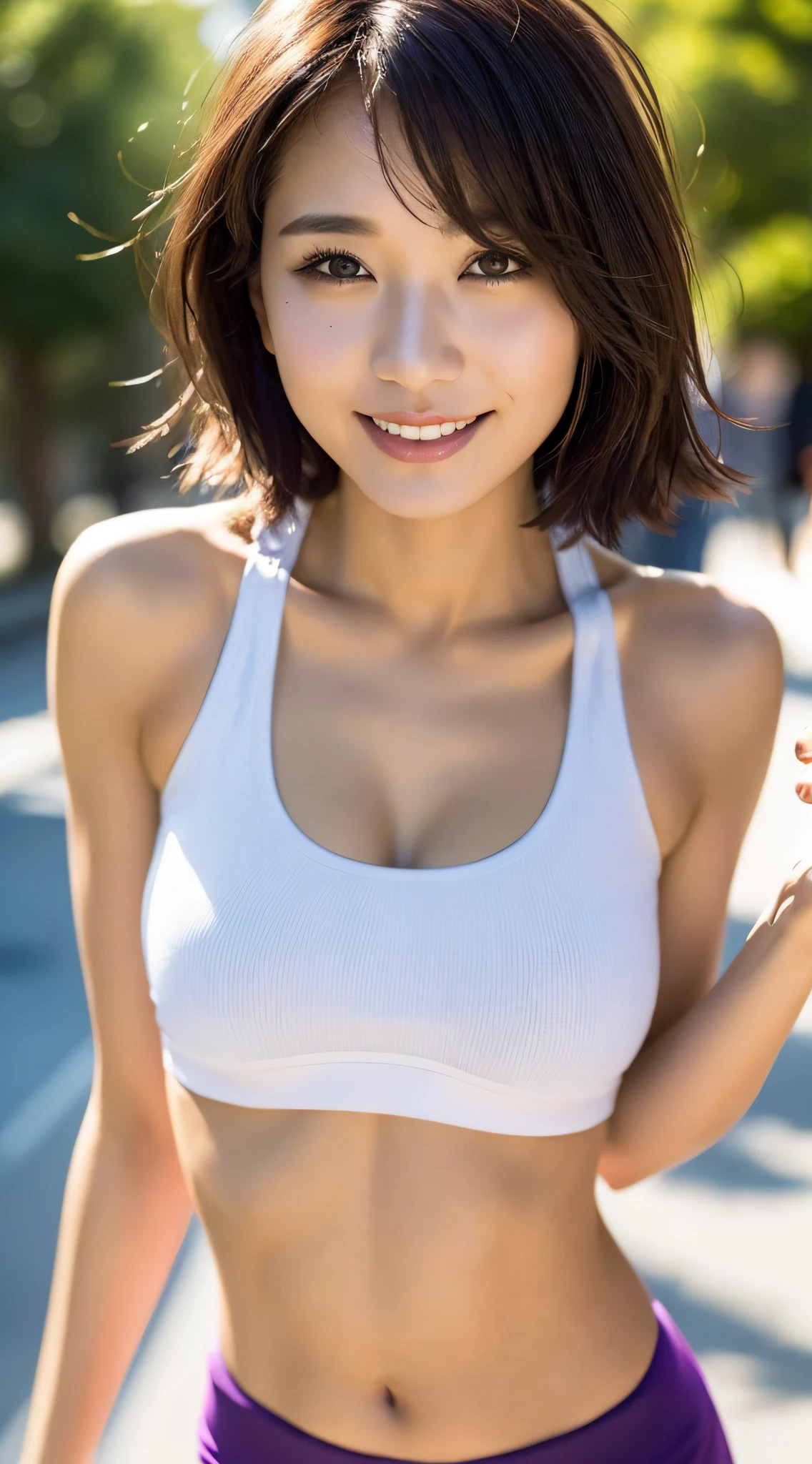 ((Top Quality, 8k, Masterpiece: 1.3)), Sharp Focus: 1.2, Perfect Body Shape Pretty Woman: 1.4, Slender Abs: 1.2, (Layered Haircut, Big: 1.8), (Sports Bra: 2.0), (Jogging: 1.8), (Street: 1.2), Highly Detailed Face and Skin Texture, Detailed Eyes, Double Eyelids, Smile, Bokeh,