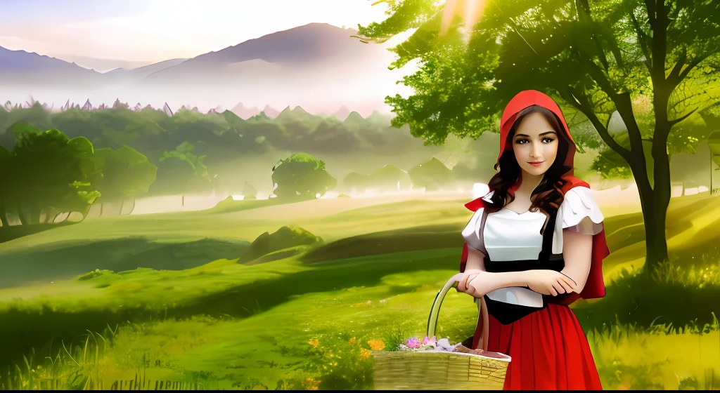 There was a woman in a red dress holding a basket, littleredridinghood, littleredridinghood, thief red riding hood, dressed in a beautiful red cloak, fairy tale style background, a sexy maid in a magical forest, fantasy fairytale story, Inspired by Dorothy Hood, beautiful render of a fairytale, fantasy photoshoot, High quality fantasy stock photo, matte painting portrait shot