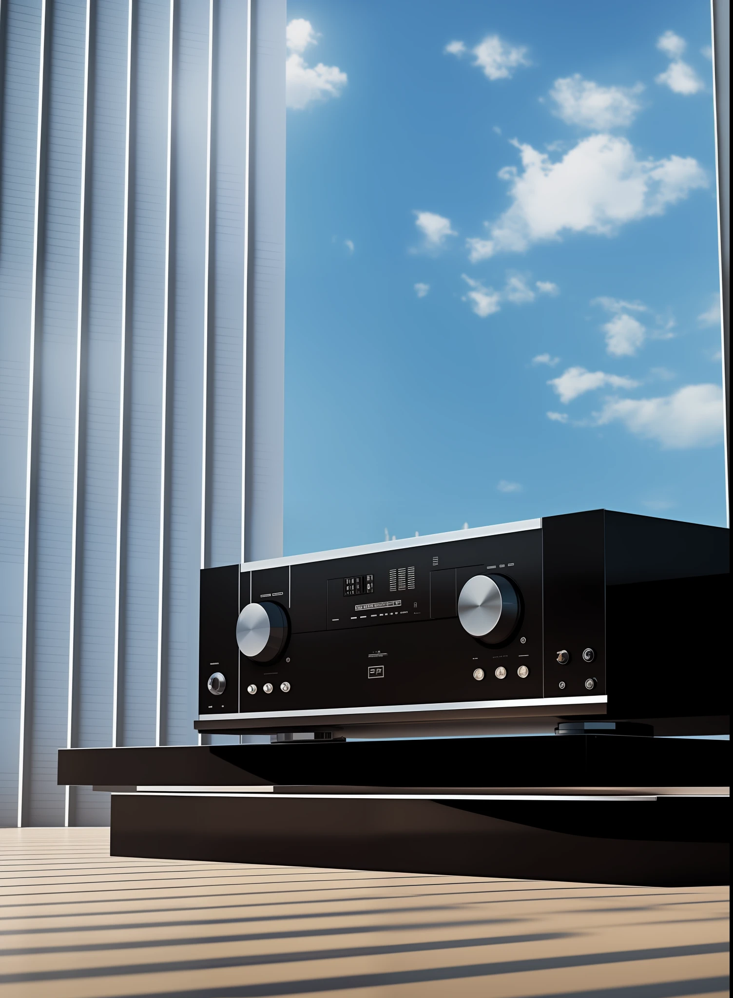 （Black power amplifier：1.3）((Masterpiece, Best quality)), 8K, modern architectural style, photographrealistic, hyperedetailed photo, Clean skies, High resolution concept art for apartment living room，Overlooking the large futuristic city，Floor-to-ceiling windows and mid-century modern furniture, cinmatic lighting, CGSesociety。