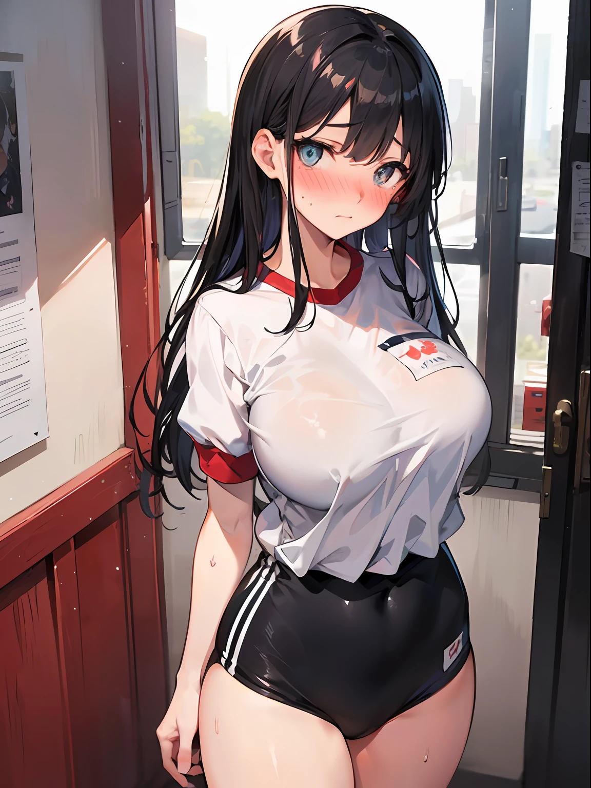 ((masterpiece)), ((Best Quality)), (Ultra-detailed), ((kawaii)), Cute, (lovely), ((Sexy)), (Ero:1.3), ((Extremely detailed)), 4K, (8K), Best Quality, (Beautiful), Illustration, Anime style, Painting, Dynamic Angle, Cowboy Shot, from wildcard, Drama-style Play Ground, full body focus, s, 1girl in, Solo, old gym uniform(jp), black hair, Beautiful random colored eyes, ((Beautiful eyes)), White-skinned, Random hairstyle, Buttocks, (Colossal tits), (Ashamed), Troubled expression, (red blush:1.5), Sweat, sparkling effect, Lens Flare, shiny-glistening, gleaming