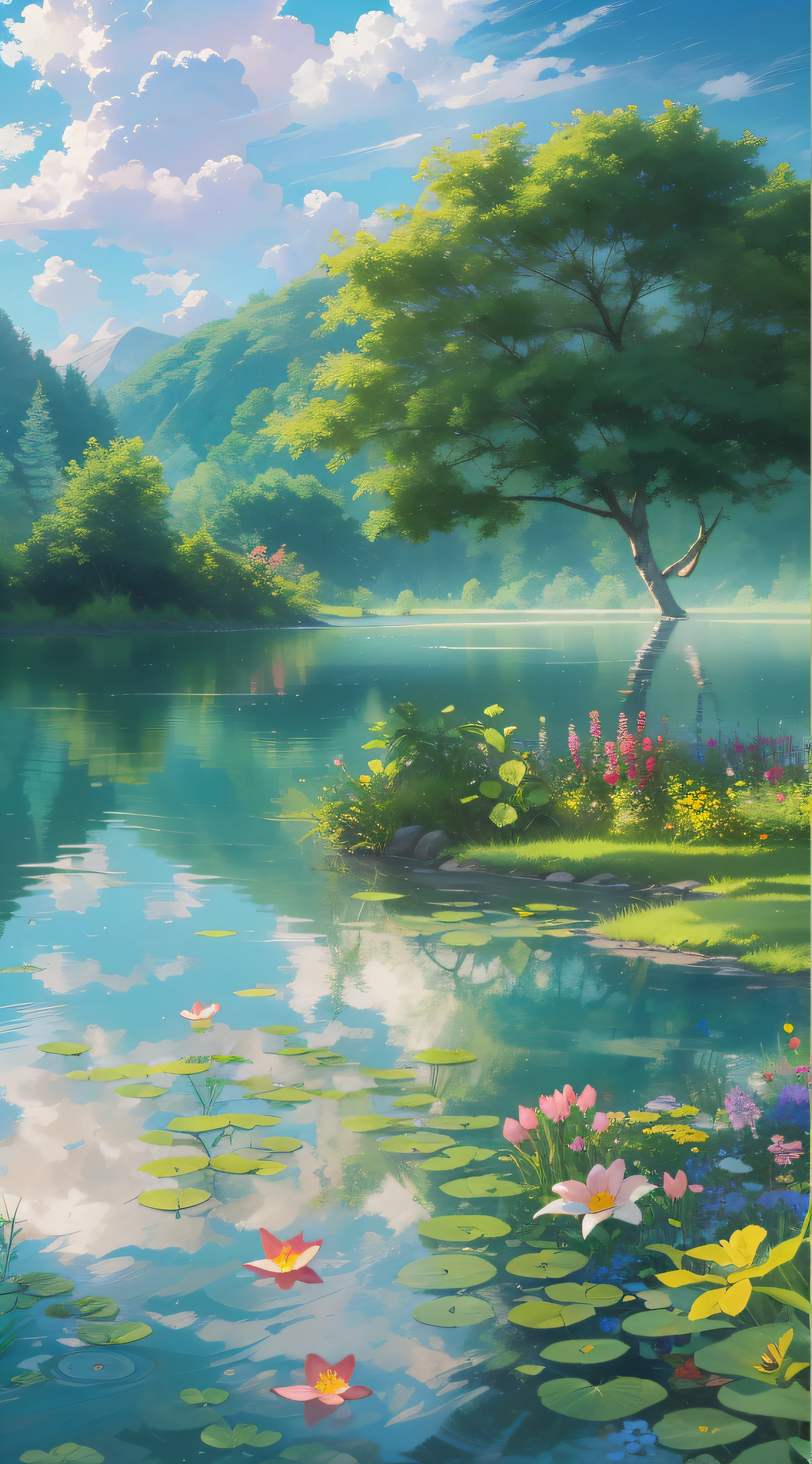 {best quality}, {masterpiece}, {ultra-detailed}, {8k}, Beside a tranquil lake, the azure water is calm and reflective, surrounded by lush trees and colorful flowers. Soft white clouds drift in the sky, and sunlight shimmers upon the lake's surface, casting warm rays of light. This scene evokes a sense of calmness, relaxation, and serenity, as if being embraced by nature's beauty