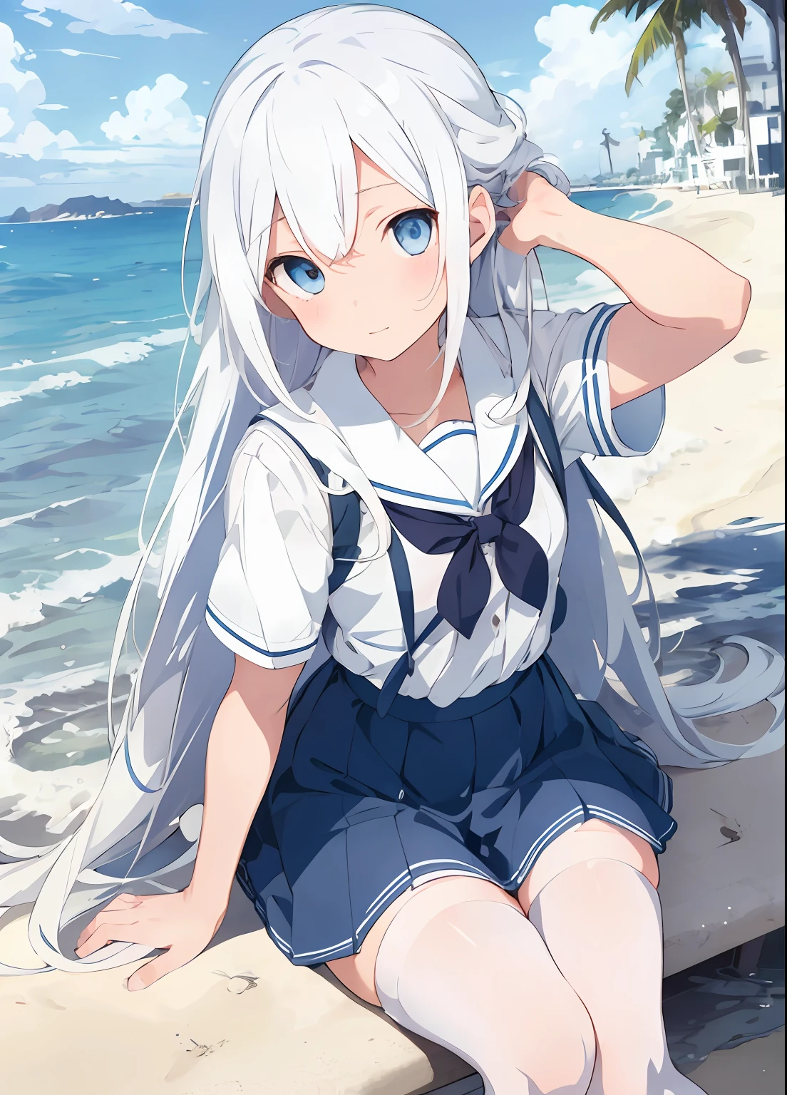 1girl, beautiful detailed eyes, long white hair, light blue eyes, school uniform, high white stocking, lustrous skin, seaside, beach, waves, high contrast, ((masterpiece, best quality))