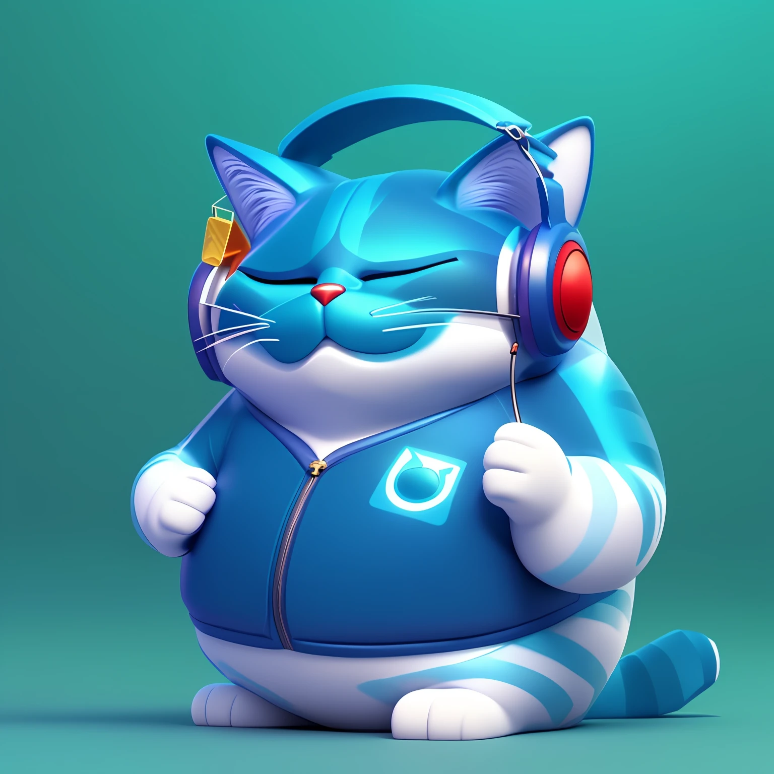 gato dos desenhos animados com fones de ouvido e uma jaqueta azul, bonito 3 d render, painting digital adorable, smooth 3d CG rendering, 3 d render stylized, 3d model of a Japanese mascot, gato gordo, renderizado em cinema 4 d, renderizado no liquidificador, renderizado em cinema4d, arte digital bonito, fofo! c4d, fat cat superhero, gato anime