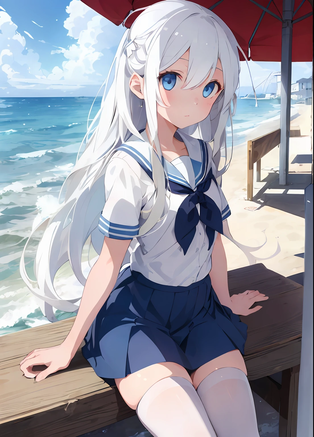 1girl, beautiful detailed eyes, long white hair, light blue eyes, school uniform, high white stocking, lustrous skin, seaside, beach, waves, high contrast, ((masterpiece, best quality))