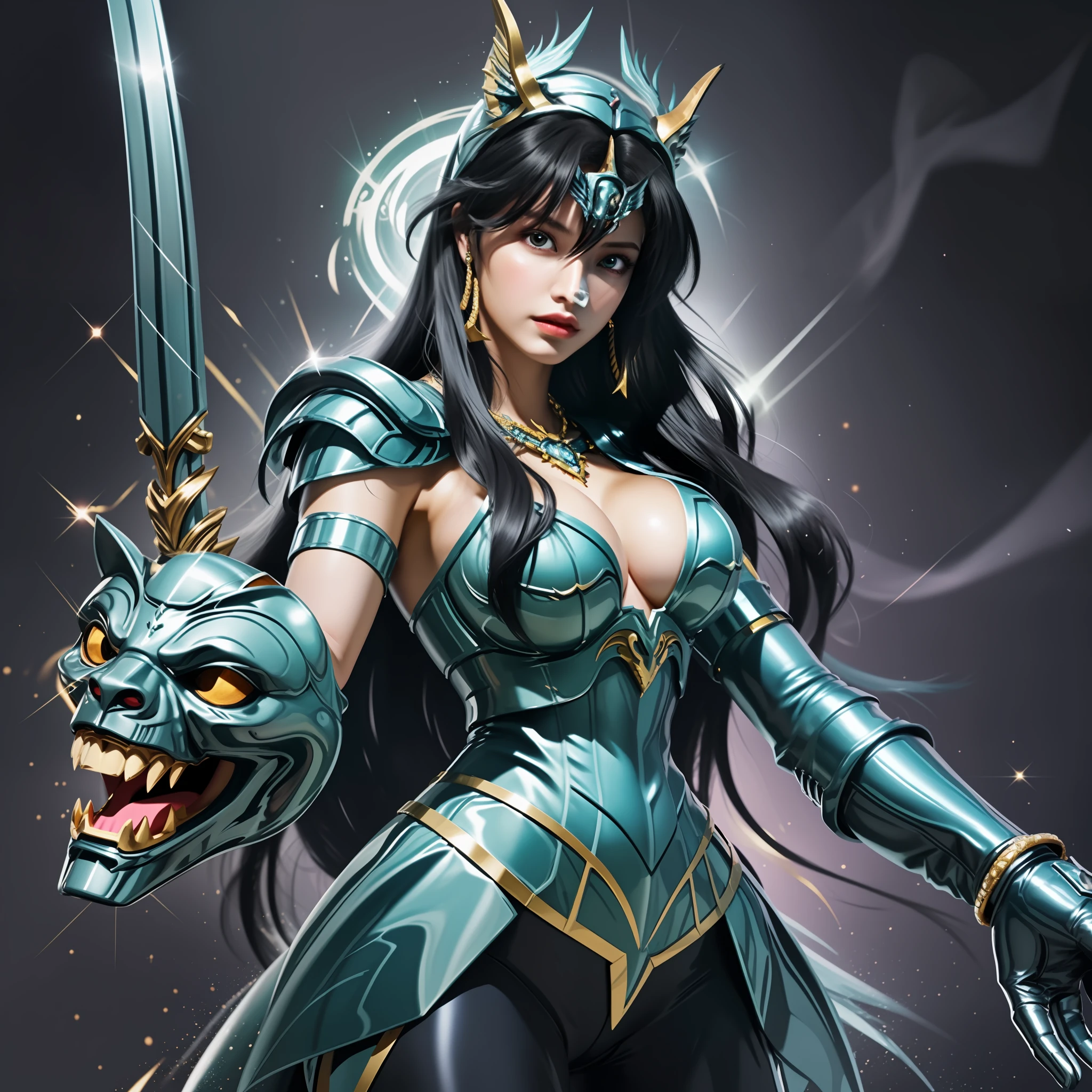 a cartoon image of a woman in a black outfit holding a sword, saint seiya, knights of zodiac girl, mystical anubis valkyrie, unreal engine render saint seiya, portrait knights of zodiac girl, mystical atlantean valkyrie, dragon shiryu, big boobs, gigantic boobs, busty, cleavage, show cleavage, Realism, Hyperrealism, UHD, masterpiece, ccurate, anatomically correct, super detail, high details, high quality, best quality, 8k, 16k