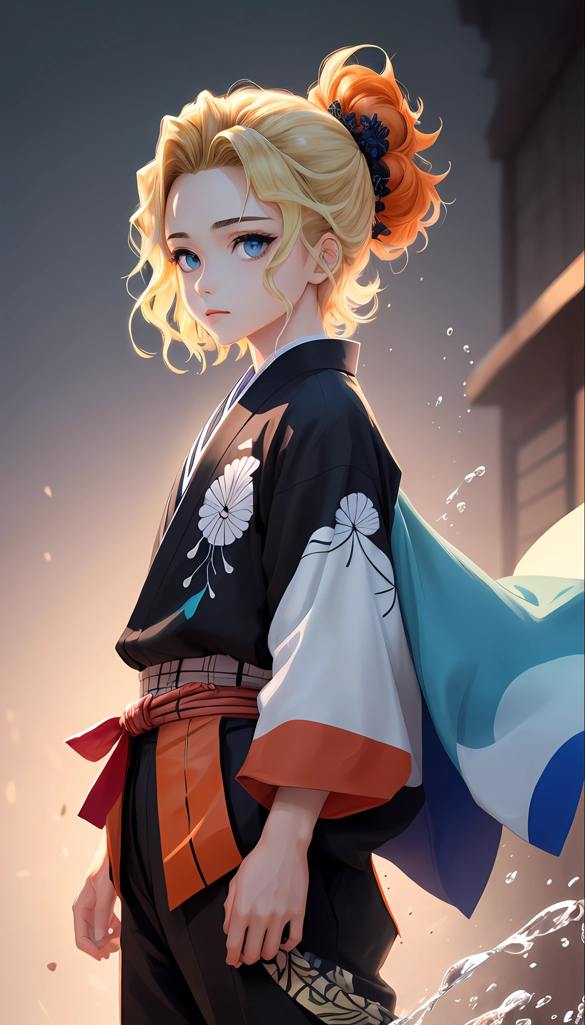 (masterpiece), (best quality), (extremely detailed),(Short hair to the nape), (illustration), (1boy), (wearing Kimetsu no Yaiba's Demon Slayer uniform and pants black)  , (Dark orange haori from shoulder to thigh), standing, Fashion model, looking at the viewer, (interview), (simple background), beautiful detailed blue eyes, delicately beautiful face,  floating, (high saturation), (colorful splashing), (shine), face focus, blonde, bangs, (shine), best lighting, best shadow , the drawing of the anime Kimetsu no