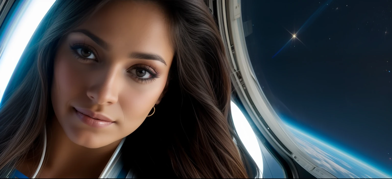 a close up of a latina woman with long dark hair in a spaceship in space, (neutral expression), (add_detail:1)