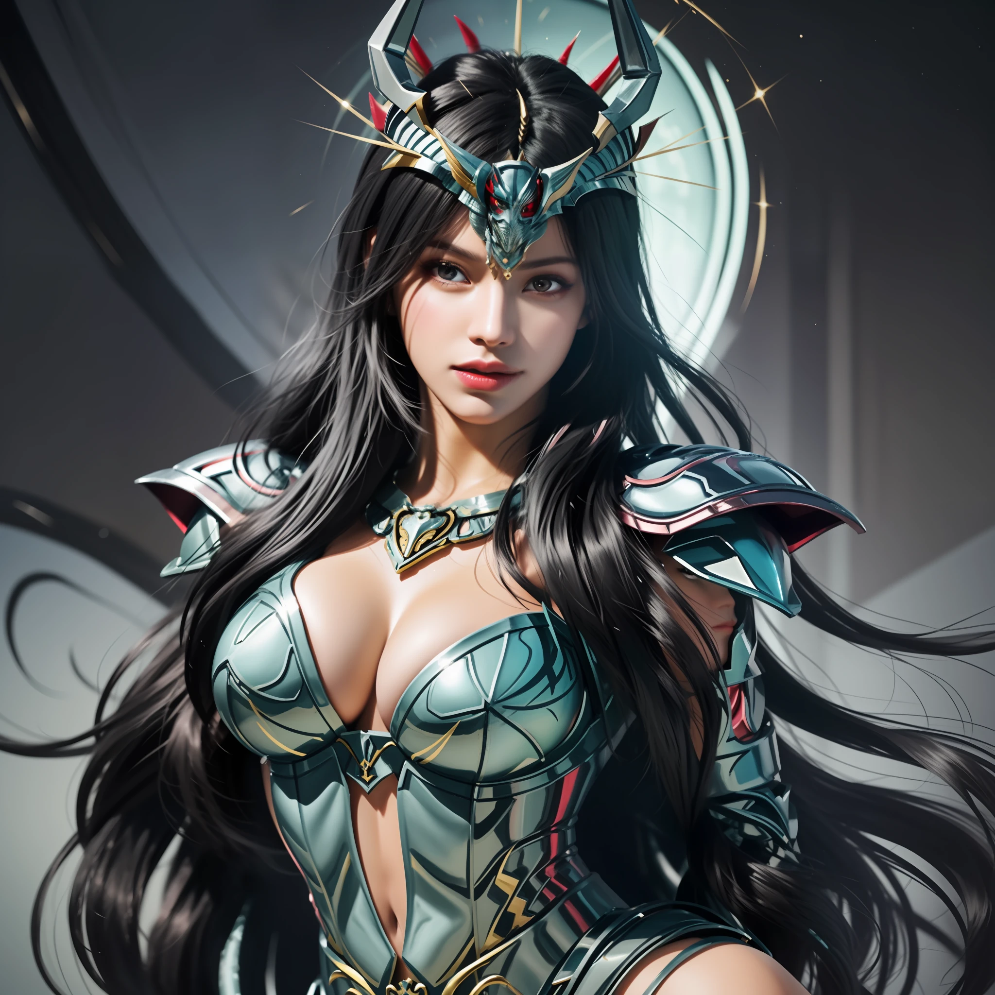 a cartoon image of a woman in a black outfit holding a sword, saint seiya, knights of zodiac girl, mystical anubis valkyrie, unreal engine render saint seiya, portrait knights of zodiac girl, mystical atlantean valkyrie, dragon shiryu, big boobs, gigantic boobs, busty, cleavage, show cleavage, Realism, Hyperrealism, UHD, masterpiece, ccurate, anatomically correct, super detail, high details, high quality, best quality, 8k, 16k