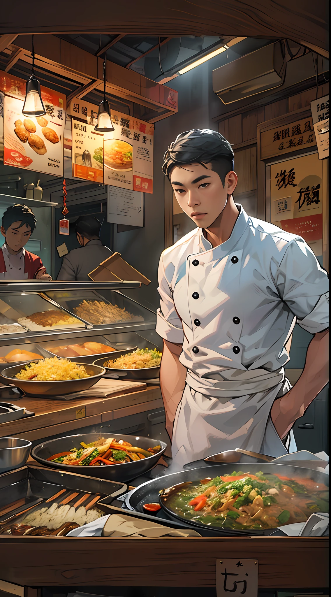 A young and promising man chefs stands in front of the stall, filled with delicious fried rice but obviously expensive. No one comes to the stall, and the man looks helpless. ,in the style of the stars art group xing xing, 32k, best quality, masterpiece, super detail, high details,