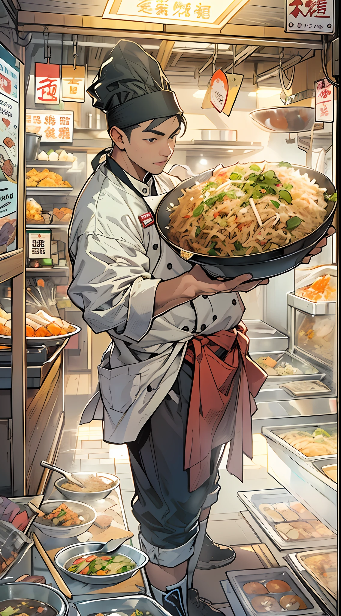 A young and promising man  chefs stands in front of the stall, filled with delicious fried rice but obviously expensive. No one comes to the stall, and the man looks helpless. ,in the style of the stars art group xing xing, 32k, best quality, masterpiece, super detail, high details,