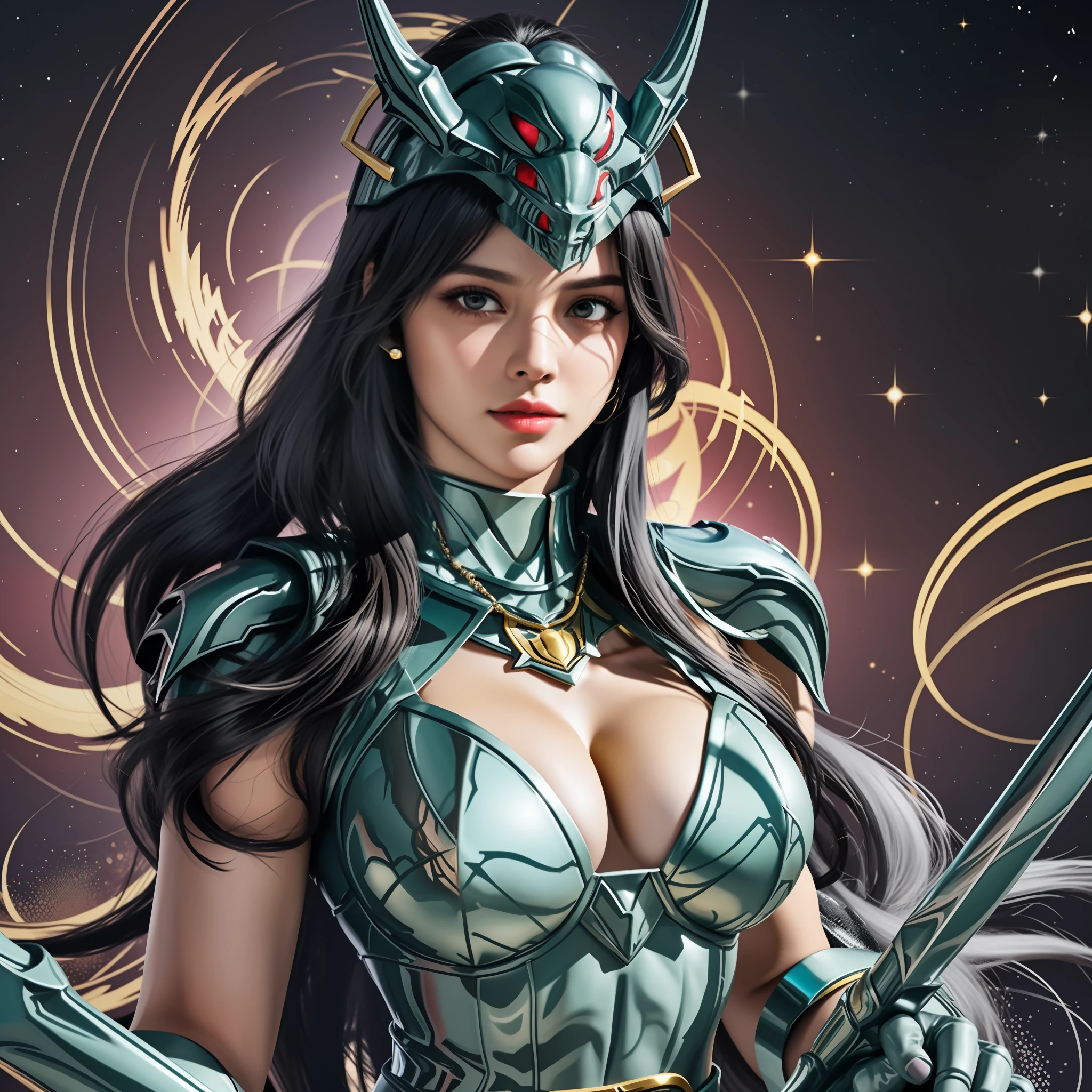 a cartoon image of a woman in a black outfit holding a sword, saint seiya, knights of zodiac girl, mystical anubis valkyrie, unreal engine render saint seiya, portrait knights of zodiac girl, mystical atlantean valkyrie, dragon shiryu, big boobs, gigantic boobs, busty, cleavage, show cleavage, Realism, Hyperrealism, UHD, masterpiece, ccurate, anatomically correct, super detail, high details, high quality, best quality, 8k, 16k