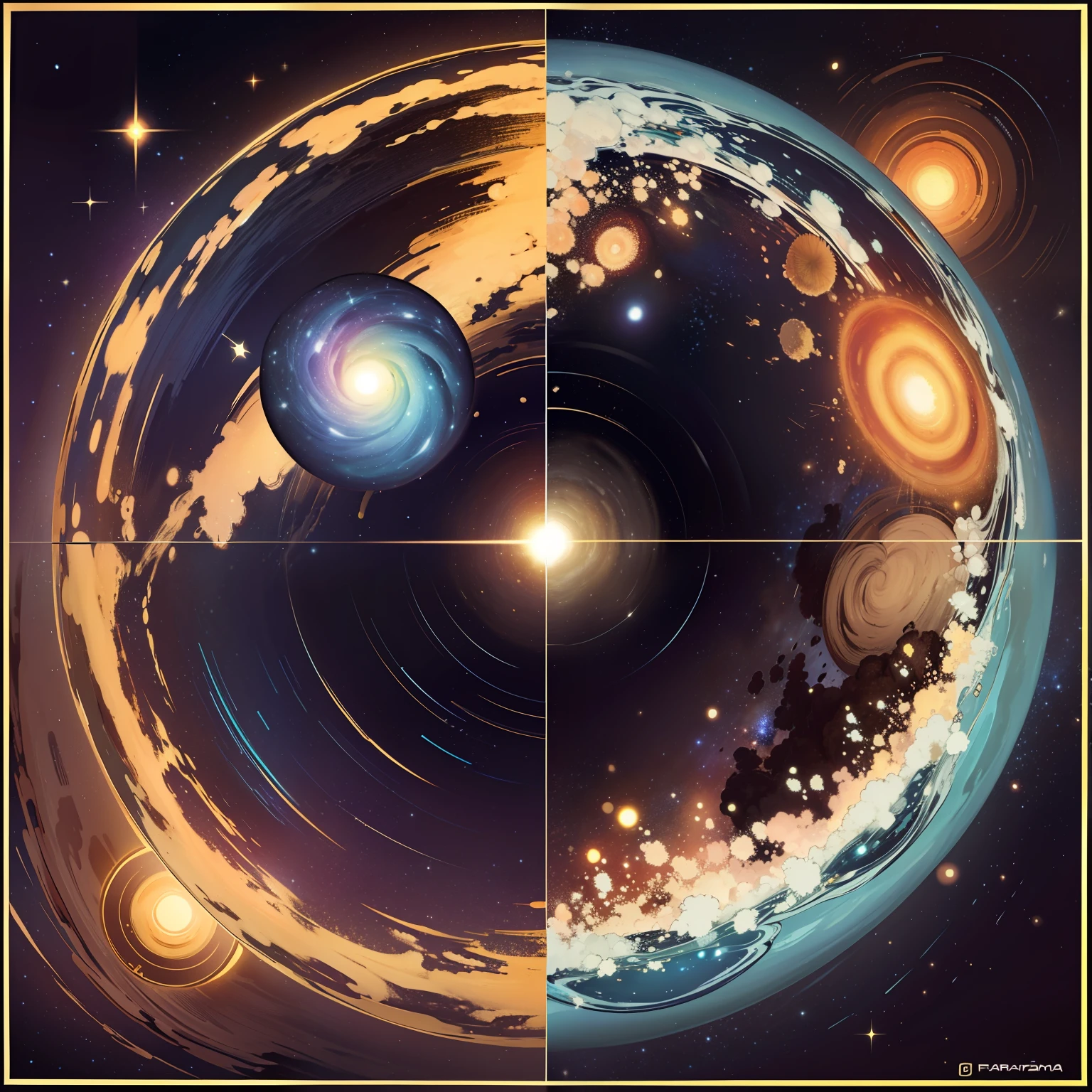galaxy, estrelas representando elementos como agua, fogo, grama, raio, Faria, paleta de cor fria, cores pasteis, tom verde