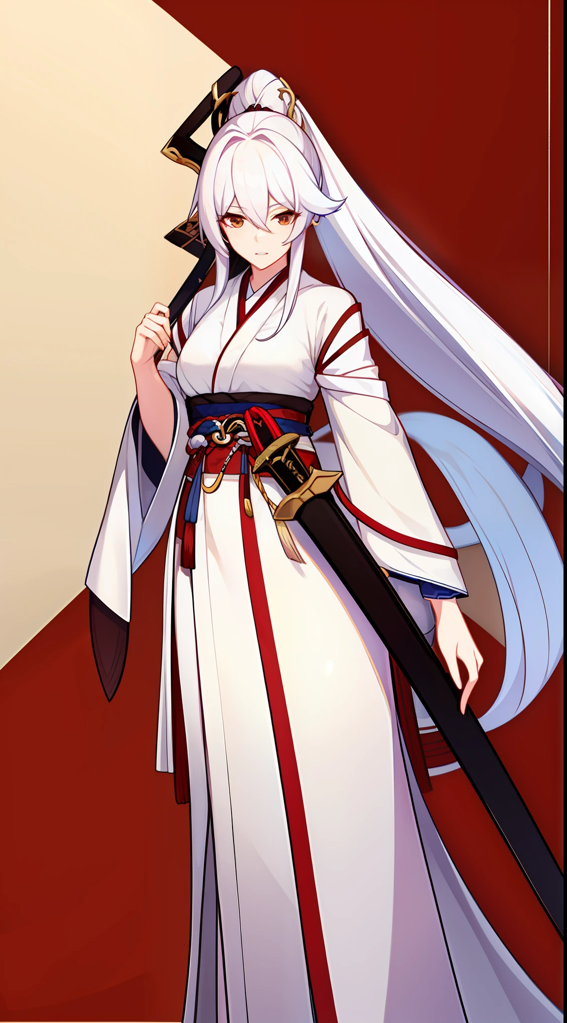 Tall girl, Long white hair, high ponytail, Brown eyes, Hanfu, a sword, Masterpiece, hiquality