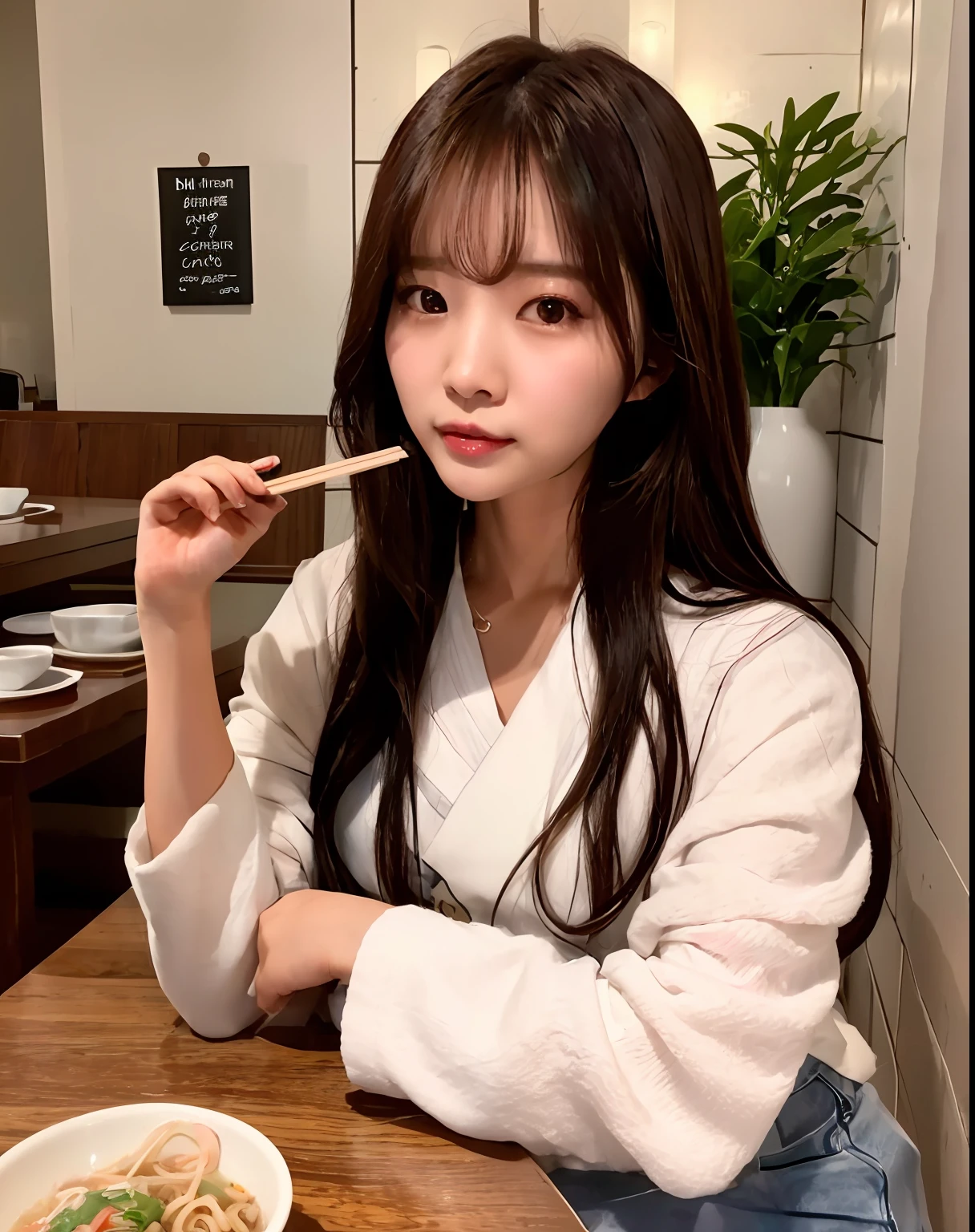 There was a woman sitting at the table，Holding a bowl of food and chopsticks, Korean girl, beautiful Korean women, Eating noodles, Gorgeous young Korean woman, ulzzangs, Beautiful young Korean woman, mukbang, Eating, tzuyu from twice, bae suzy, gongbi, Chinese girl, Young Asian girl, 19-year-old girl