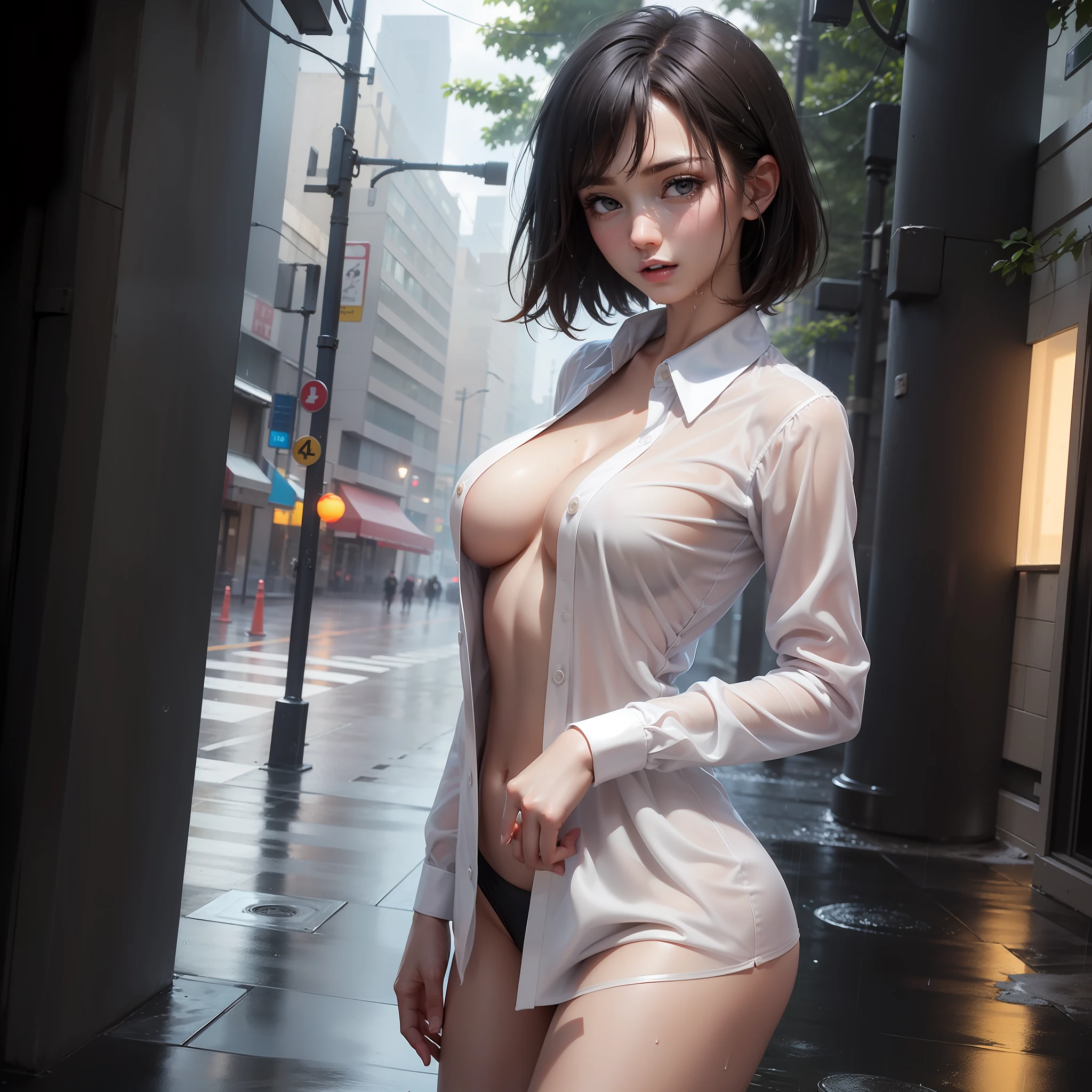 ((Best quality, 8k, Masterpiece: 1.3)), Sharp focus: 1.2, single beautiful woman with perfect body: 1.4, one girl in camera, no panties, no bra, areola visible, visible, Slim abdomen: 1.2, ((Layered haircut, Large breasts: 1.2)), (no bra)(medium size breast) (Small and beautiful hard nipple) (Thin and damp button up to shirt length: 1.1), (90% see-through transparent shirt), (White shirt wet by rain), (Rain, Street: 1.2), Wet body: 1.1, Highly detailed face and skin texture, Detailed eyes, Double eyelid,