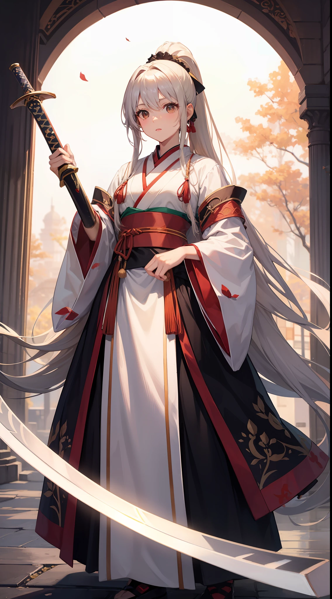 Tall girl, Long white hair, high ponytail, Brown eyes, Hanfu, a sword, Masterpiece, hiquality