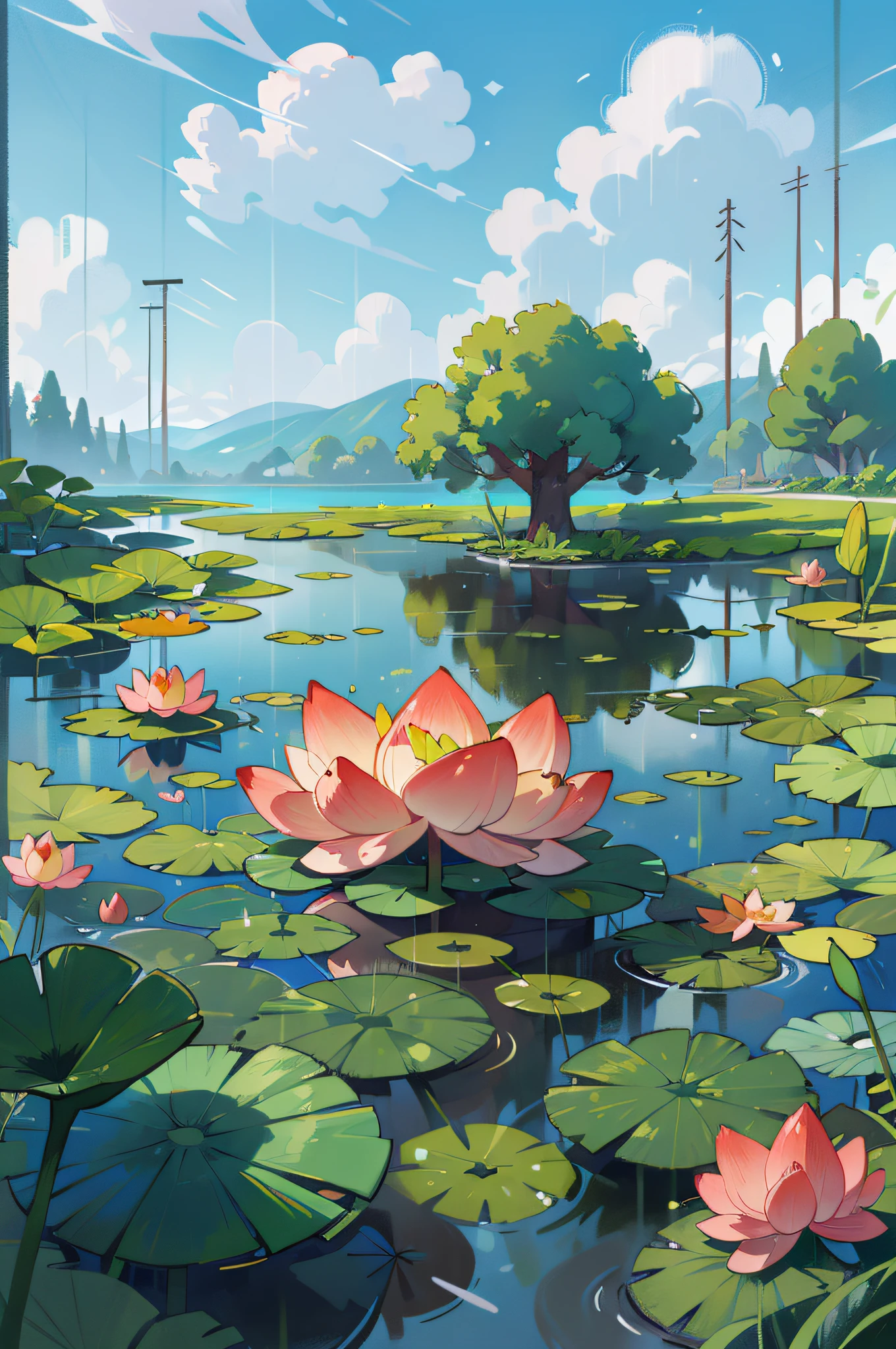 (Masterpiece, best quality), lake full of lotus flowers, lotus leaves, fine plant carvings, plants, grass, countryside, clouds, sun, clean blue sky, summer