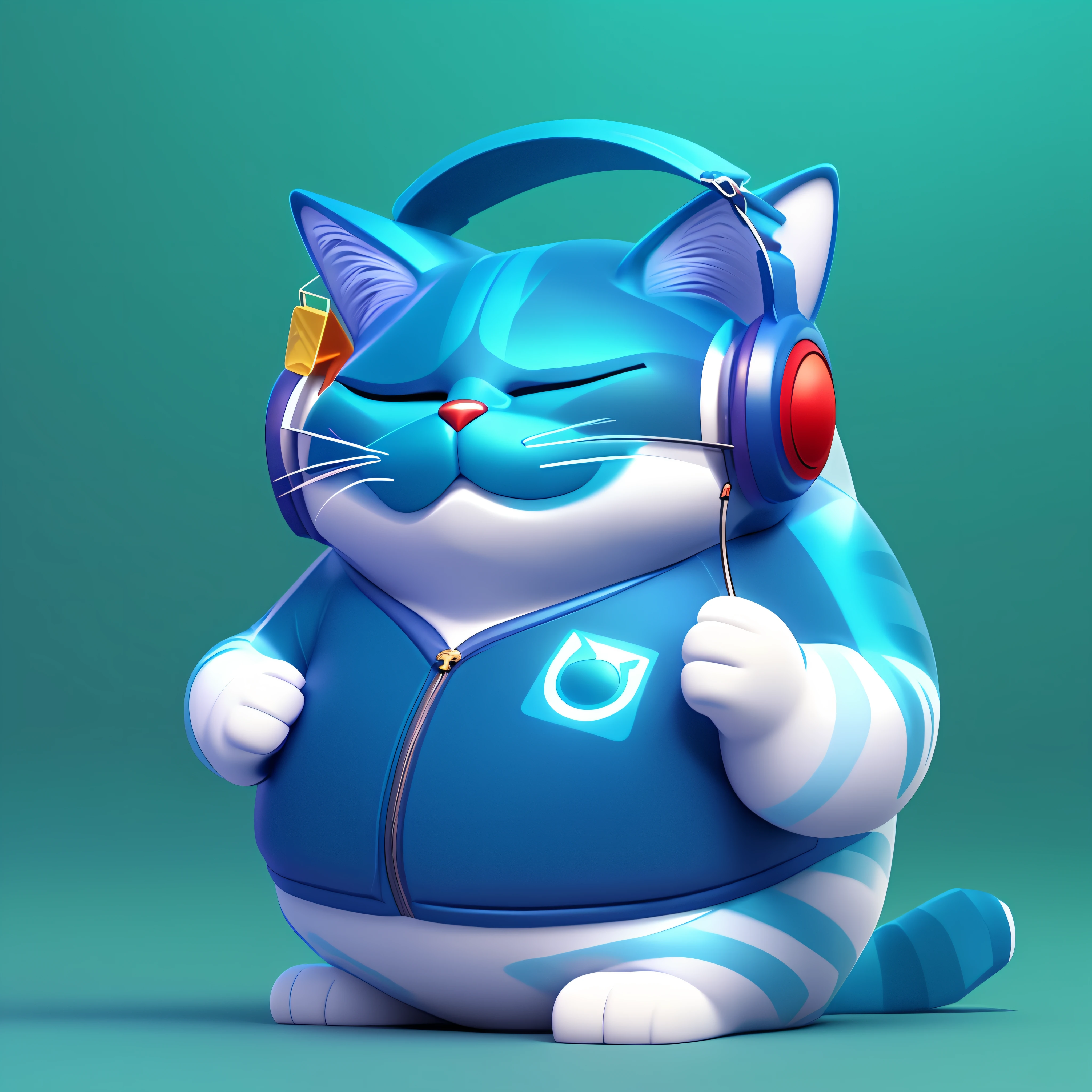 gato dos desenhos animados com fones de ouvido e uma jaqueta azul, bonito 3 d render, painting digital adorable, smooth 3d CG rendering, 3 d render stylized, 3d model of a Japanese mascot, gato gordo, renderizado em cinema 4 d, renderizado no liquidificador, renderizado em cinema4d, arte digital bonito, fofo! c4d, fat cat superhero, gato anime