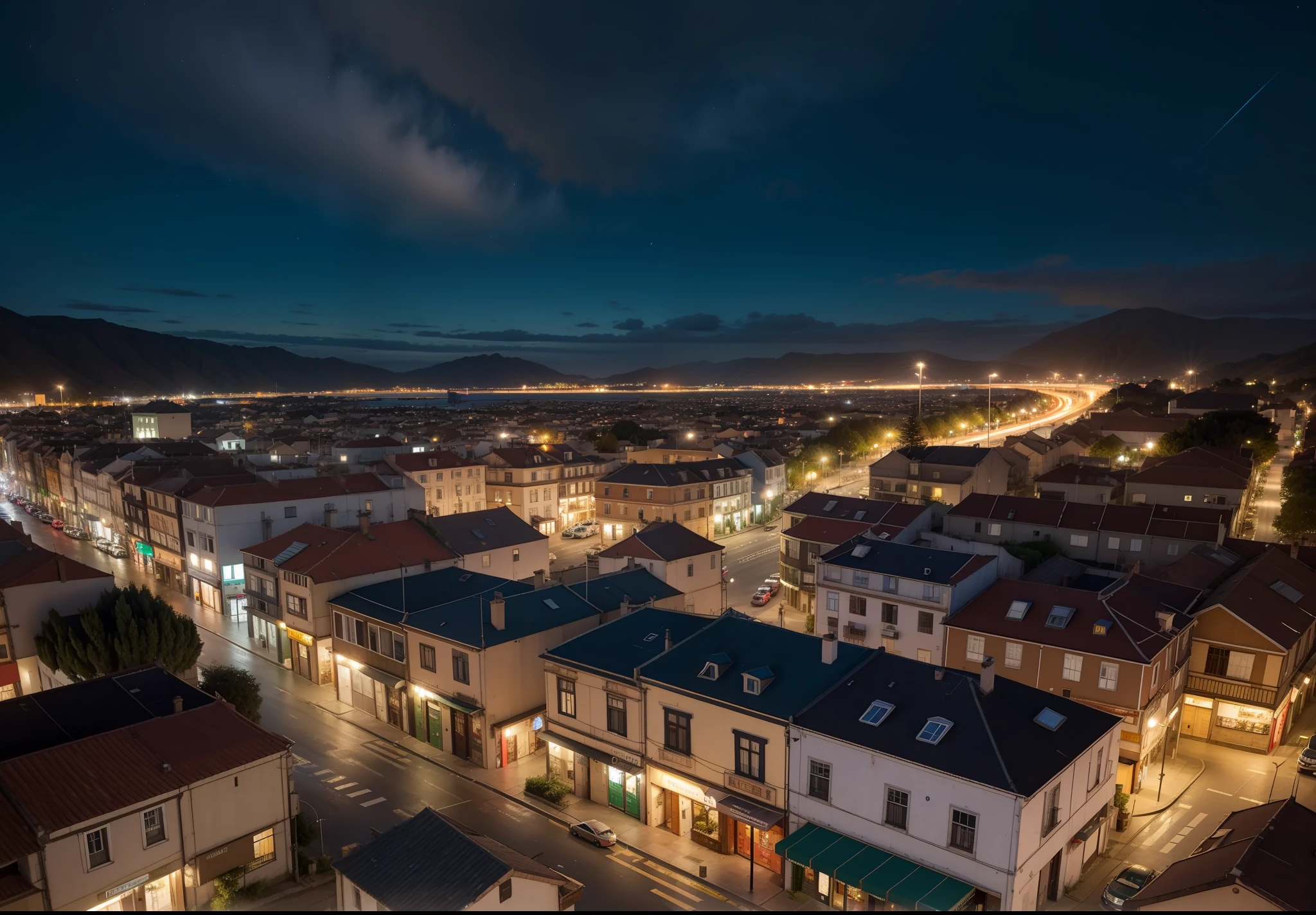 city square, noite escura, cidade pequena, casas, postes de madeira, lampadas nos postes, Aerial view, 8k, maximum detailed, alta qualidade