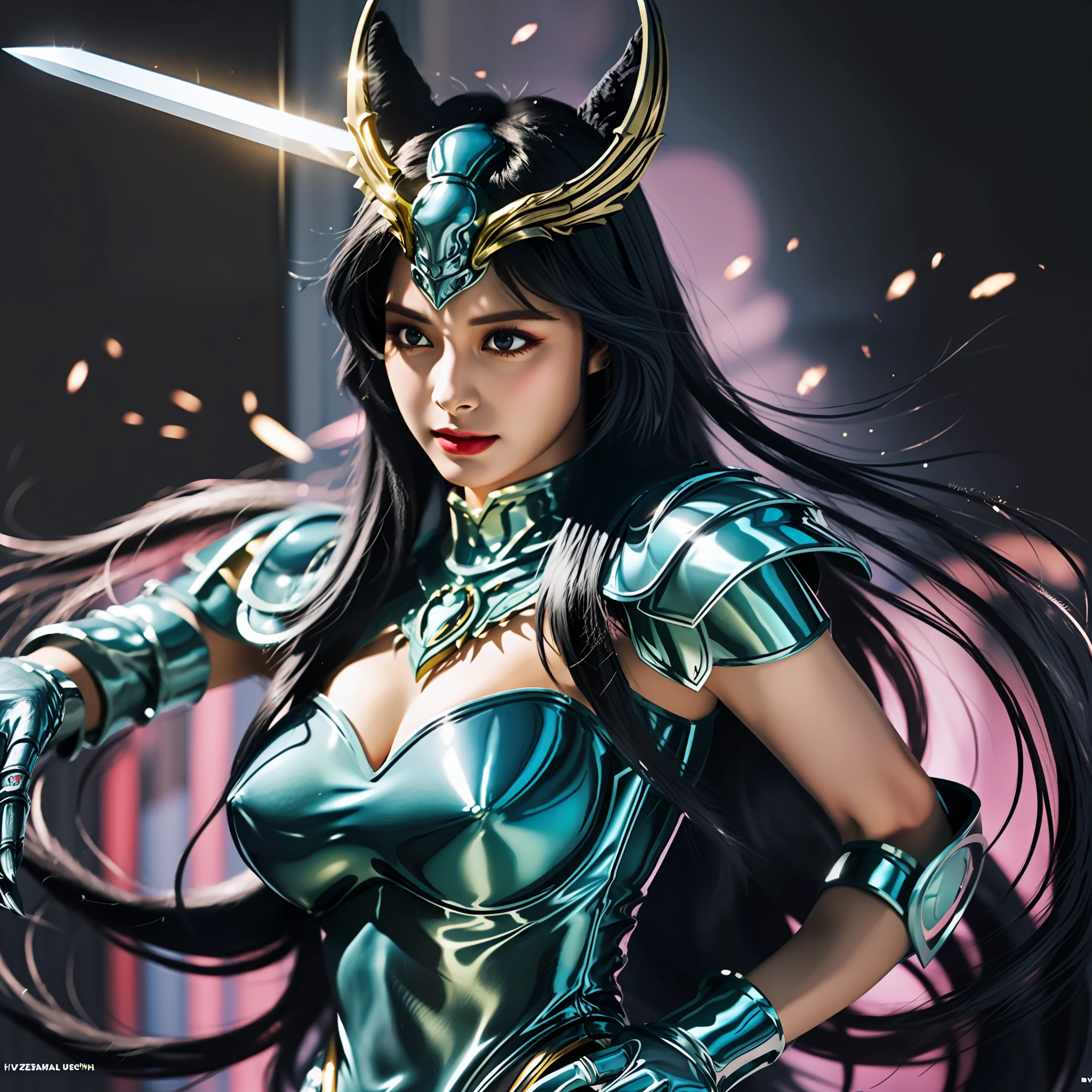 a cartoon image of a woman in a black outfit holding a sword, saint seiya, knights of zodiac girl, mystical anubis valkyrie, unreal engine render saint seiya, portrait knights of zodiac girl, mystical atlantean valkyrie, dragon shiryu, big boobs, gigantic boobs, busty, cleavage, show cleavage, Realism, Hyperrealism, UHD, masterpiece, ccurate, anatomically correct, super detail, high details, high quality, best quality, 8k, 16k