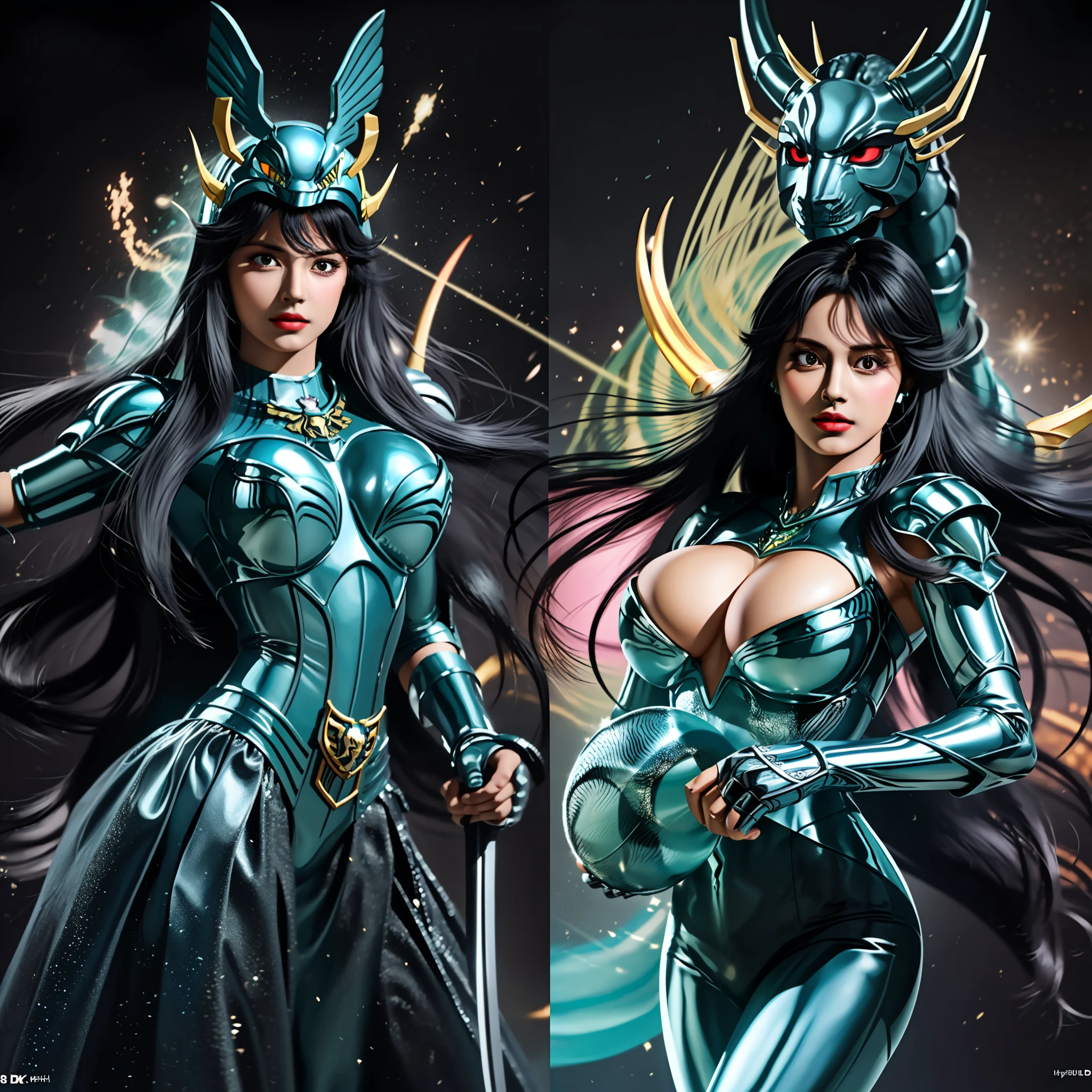 a cartoon image of a woman in a black outfit holding a sword, saint seiya, knights of zodiac girl, mystical anubis valkyrie, unreal engine render saint seiya, portrait knights of zodiac girl, mystical atlantean valkyrie, dragon shiryu, big boobs, gigantic boobs, busty, cleavage, show cleavage, Realism, Hyperrealism, UHD, masterpiece, ccurate, anatomically correct, super detail, high details, high quality, best quality, 8k, 16k