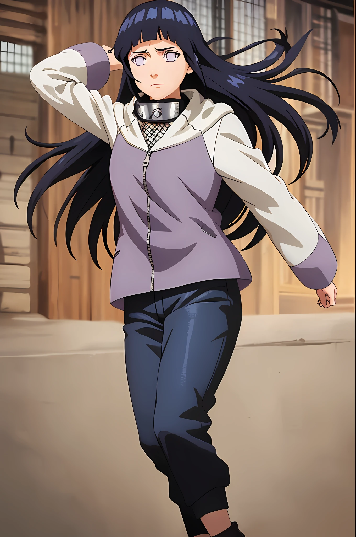 masterpiece, absurdres, 1girl, hinata\(shippuden\), solo,hooded jacket, fishnets, headband around neck, looking at viewer,  floating hair,  wind, blue pants,