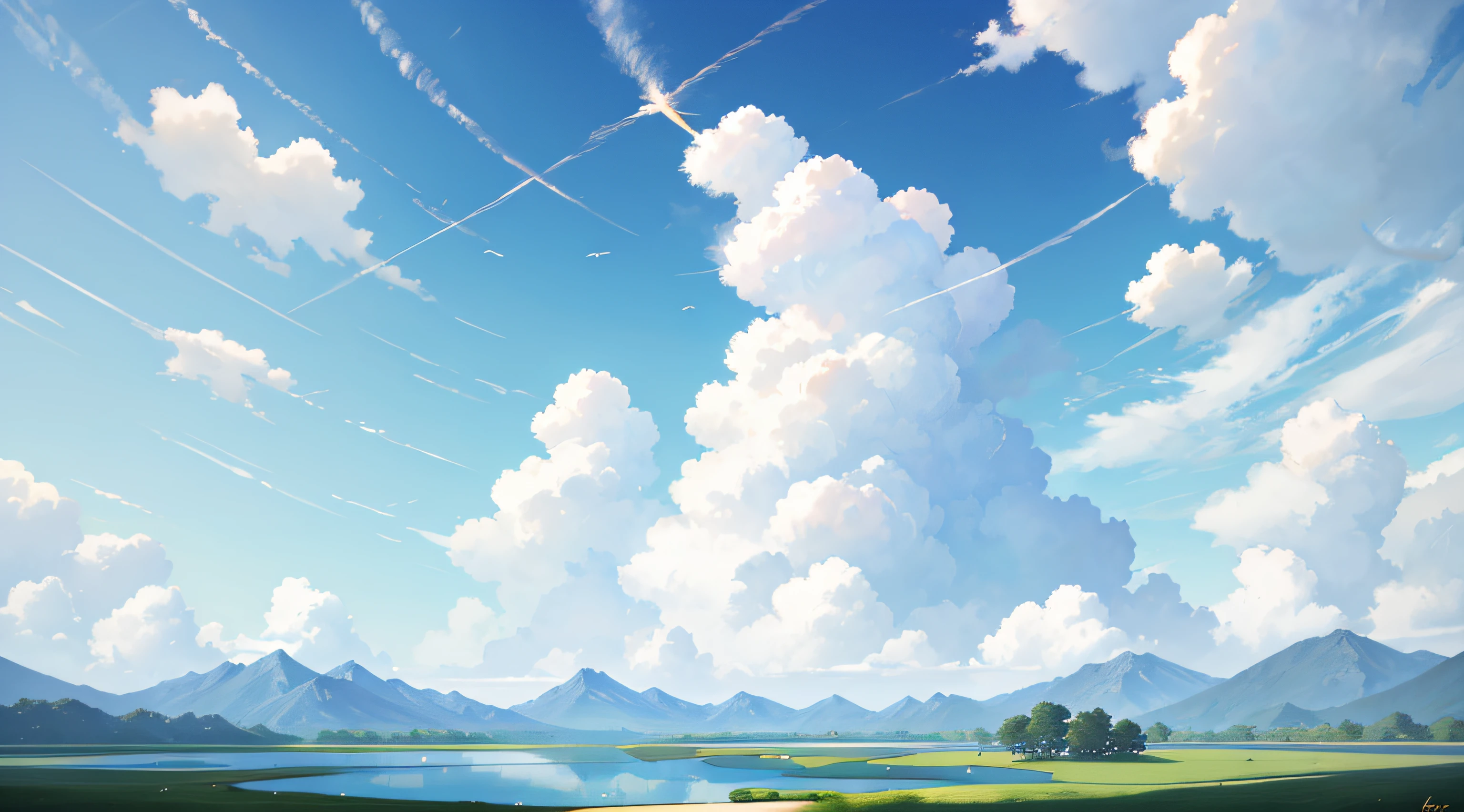 No Man，夏天，grassy fields，A few small flowers，clear lakes，sheeps，a paradise，large clouds，blue-sky，scorching weather，high definition detail，hyper-detailing，cinematic ligh，ultra-realistic realism，the soft light，Deep field focus bokeh，The vista in the distance is snow-capped mountains，Ray tracing and surrealism，in style of ghibli。