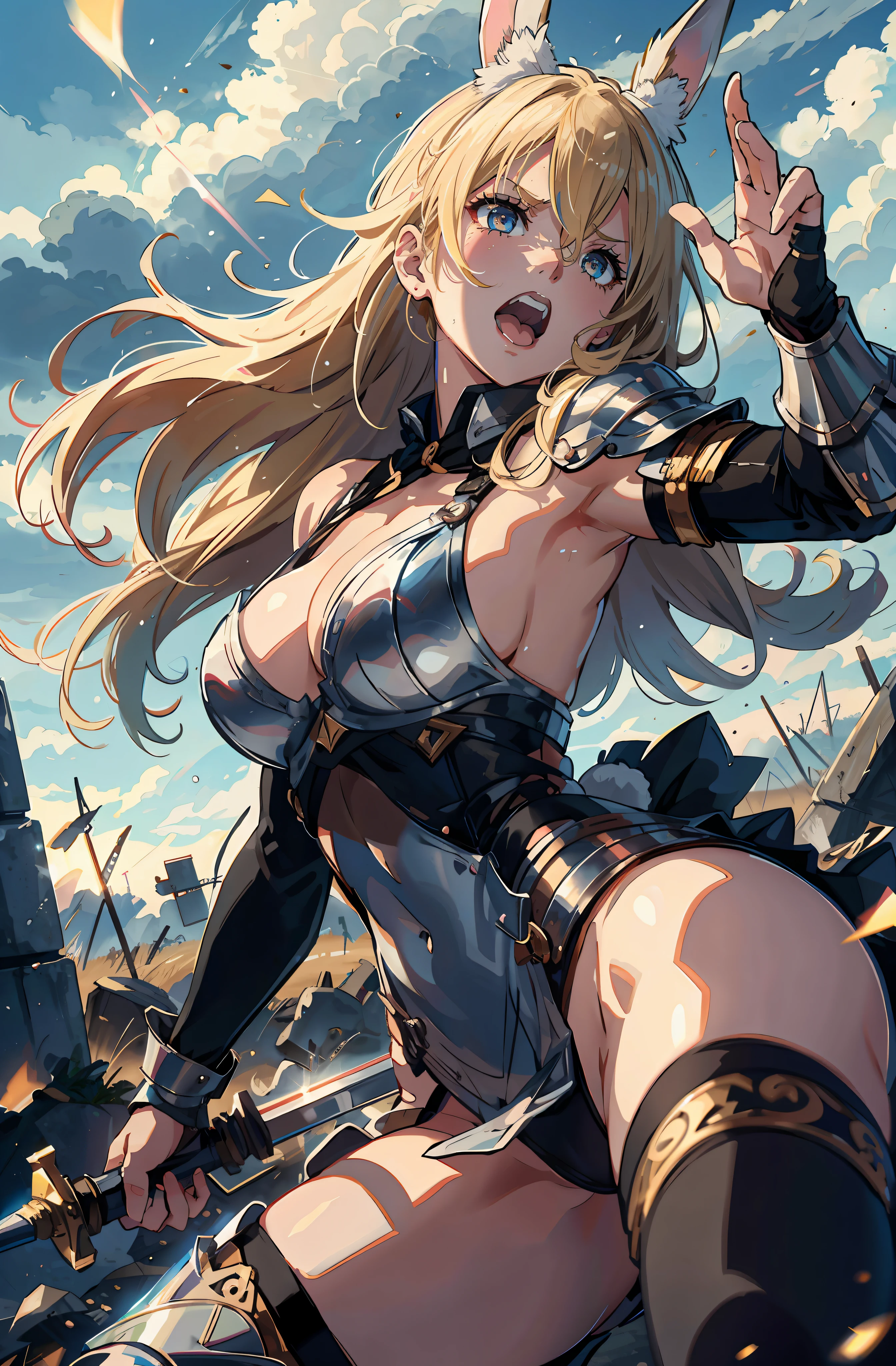 Bunny girl, Knee socks, Semi-undressing,  with a black sword in her hand raised upwards on a battlefield, 8k, japanese anime style high resolution, perfect hand, perfect eye, detailed eye, detailed hand, armor, raised hand, screaming, angry expression, 2D illustration , blonde hair, midday sunlight, destruction, medieval battle in the background