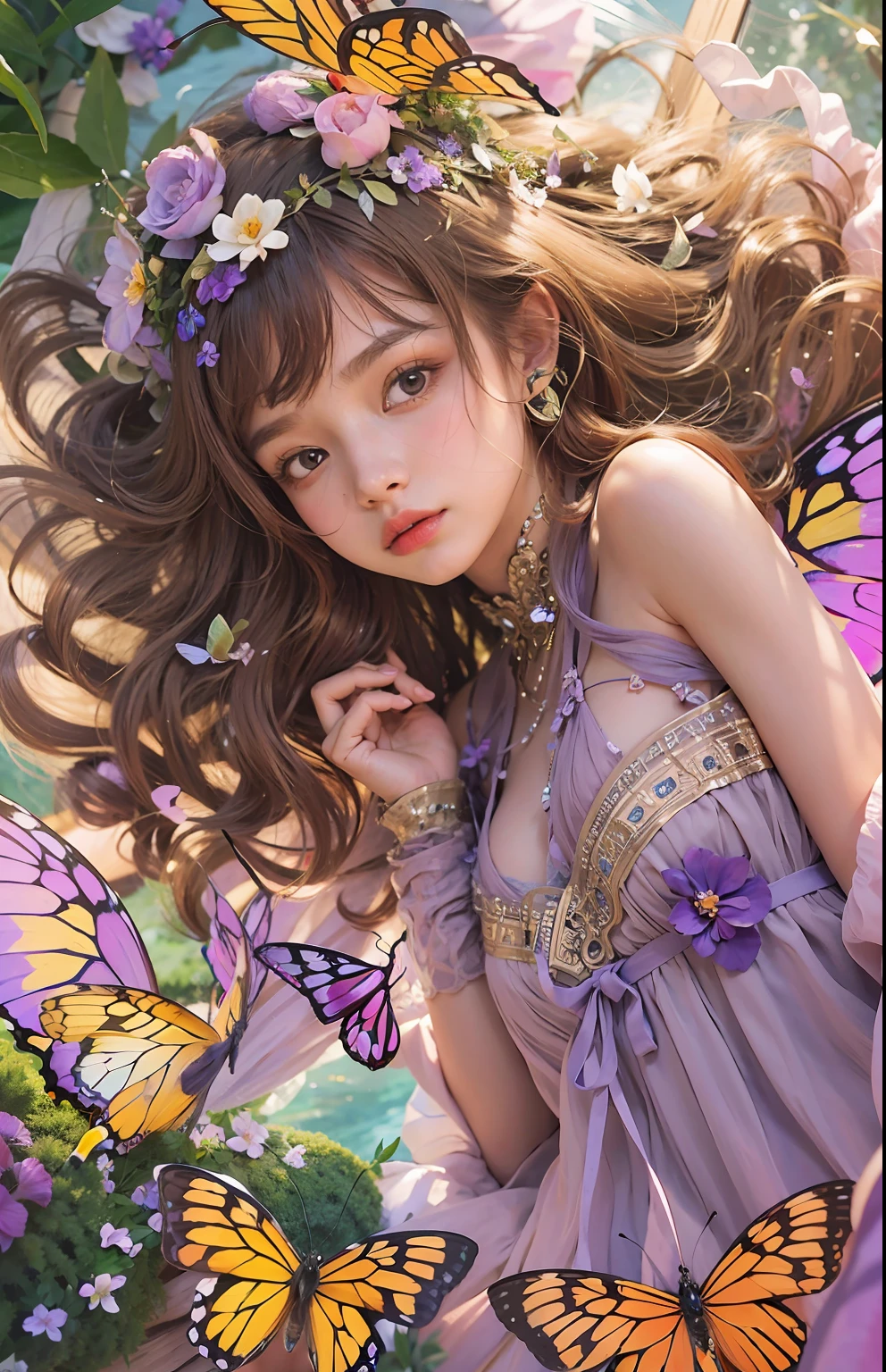 (masterpiece, high resolution, illustration:1.3), enchanting young girl, (curly chestnut hair:1.2), captivating violet eyes, (delicate butterfly wings:1.3), intricate patterns, (flowing bohemian dress:1.1), exploring the sky, (lush floating islands:1.2), vibrant floating flora, (gentle breeze:1.2), warm sunlight, (playful bird companions:1.1), curious expression, leisurely flight, whimsical ambiance, soft color palette, dreamy atmosphere, top-down perspective, imaginative world.