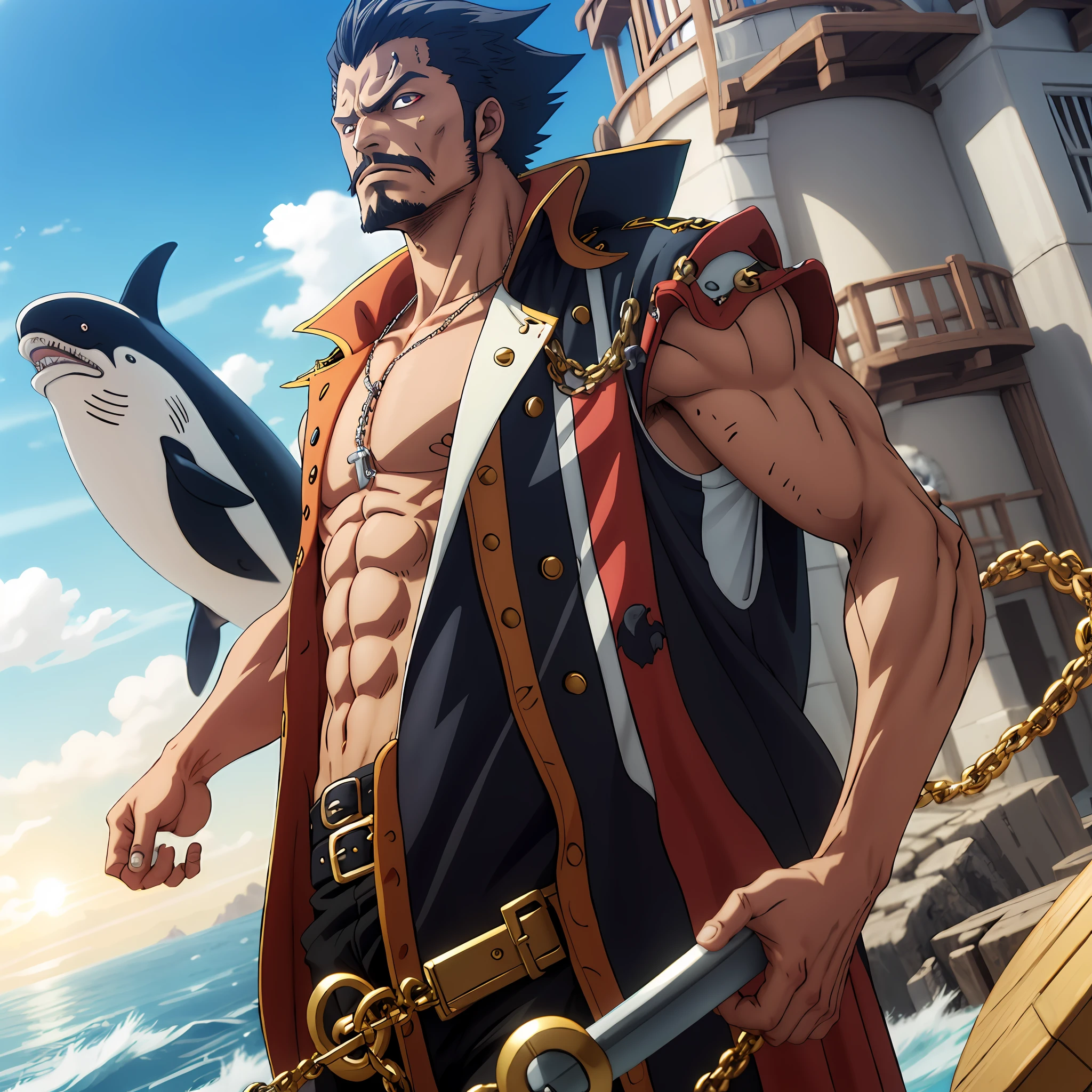 Anime characters with a blue newt, uma mulher de cabelos compridos pretos e um homem de cabelos loiros em um casaco vermelho, A whale orca and the black-haired pirate king behind, arte chave, badass anime 8 k, arte chave do anime, key art anime sharp focus, visual chave, conceito visual chave do anime, visual chave do anime", 2 0 2 1 anime, visual oficial do anime key, visual chave anime, Epic anime style, 2 d cg | |, anime de alta qualidade Piratas, Bonito, Piratas,