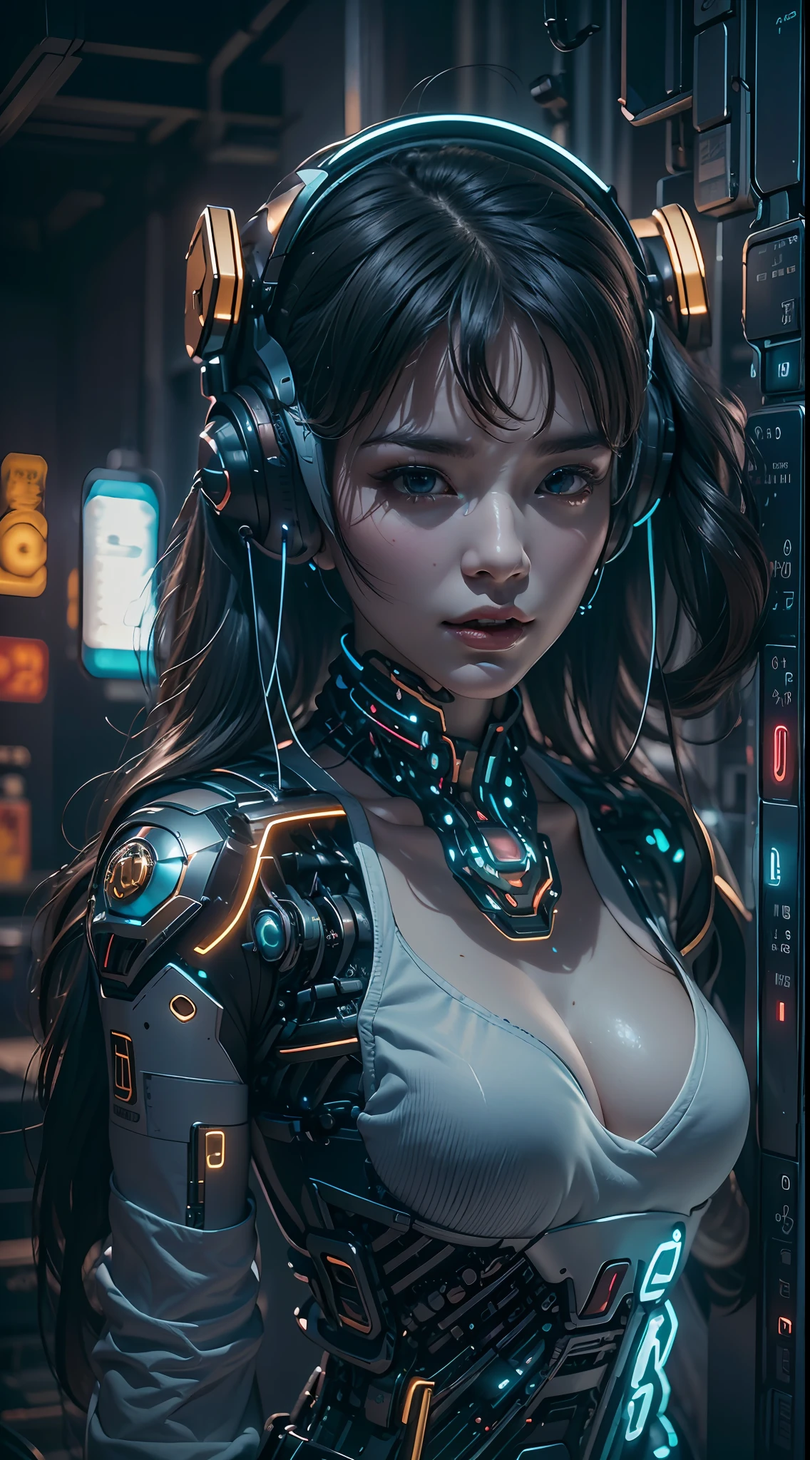 1girll,Perfect facial features,delicated face,(cyber punk perssonage:1.3),Cyberpun overcomes,Bring headphones,shelmet,Super complex helmets and headphones,Illuminated helmet and headphones,glowing jewelry,Glowing earrings,Glowing necklace,inside in room,Electronic wire background,best qualtiy,tmasterpiece,Movie filter presets,movie level lighting,c4d渲染,rendering by octane,((with light glowing)),Glow,(fully body photo:1.5),High chiaroscuro,