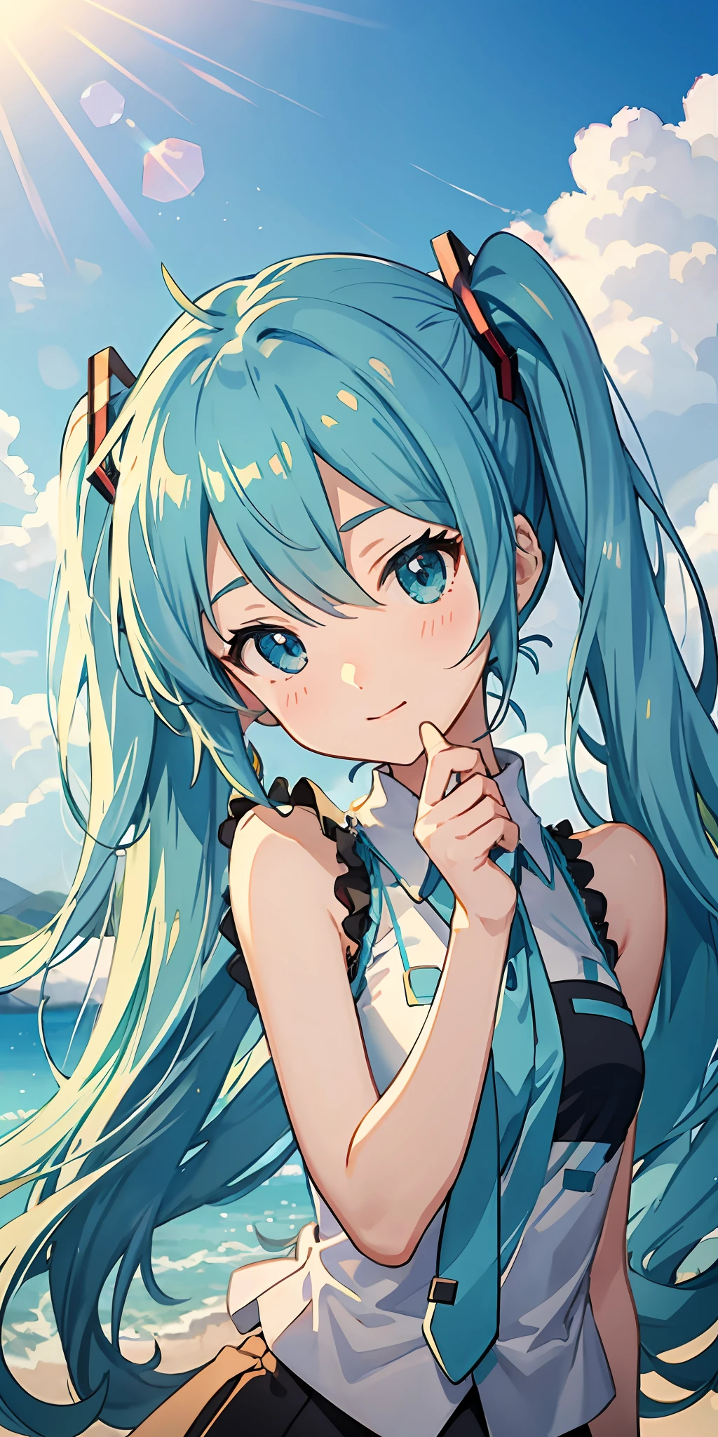 miku hatsune, Kyoto Animation Style, anime screen cap, Animated,Chibi Chara, Head_tilt, Very long hair, aqua hair, aqua eyes, Bracelet,  Sunlight, very precise details,