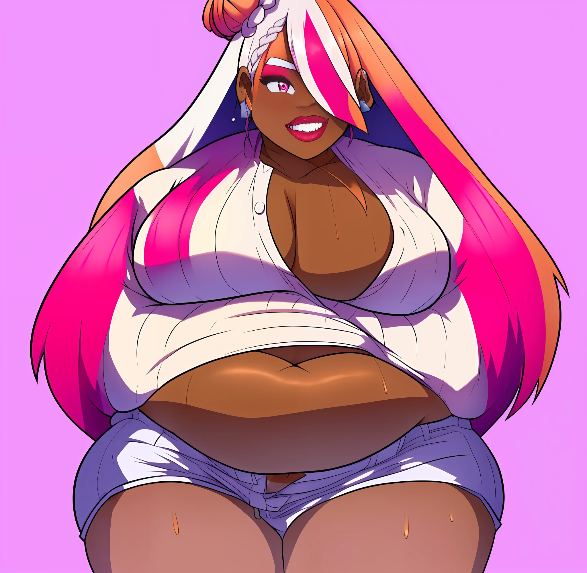 Illustration of a ((Handsome))Anime fat man with a big belly , fat man, extremely face face , (morbidly obese), ((insanely inflated hips)),(fat thighs),(( fat butt)) , big stomach, his belly is fat , background ( bedroom ), expression ( seduce, eyelids lowered, smile)((anime boy )), (((Tan skin))), ((long,white hair with pink streaks )),(( hair Styled into a Bun and braided ponytail )) , ((white half jacket,hot pink Crop top)) ((Skimpy white shorts)) , (evil aura)),((solo)) anime artstyle, anime art style, unknown artstyle, aura, accurate, 2 d anime style, , high quality anime artstyle, yandere((masterpiece, High aesthetic, high quality))